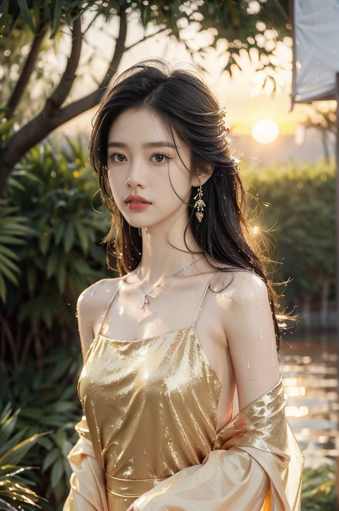 (((best quality))),(((ultra detailed))),(((masterpiece))),illustration,1 beautiful girl,solo,slim,thin,flat chest,shoulder length straight bob hair,flowing hair,fair skin,sparkling eyes,cherry-red dress,delicate silver necklace,grass,dewdropletts,trees,bird chirping,rising sun,(shimmering shadows:1.3),serenity,gratitude,awe,wonders of nature,peace,contentment,magnificent world,summer,(sunrise:1.5),(dark dawn:1.5),upper body,from front,(after rain:1.3),(wet:1.3),standing