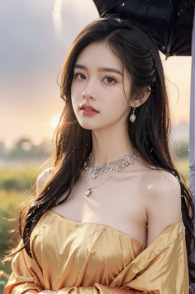 (((best quality))),(((ultra detailed))),(((masterpiece))),illustration,1 beautiful girl,solo,slim,thin,flat chest,shoulder length straight bob hair,flowing hair,fair skin,sparkling eyes,cherry-red dress,delicate silver necklace,grass,dewdropletts,trees,bird chirping,rising sun,(shimmering shadows:1.3),serenity,gratitude,awe,wonders of nature,peace,contentment,magnificent world,summer,(sunrise:1.5),(dark dawn:1.5),upper body,from front,(after rain:1.3),(wet:1.3),standing