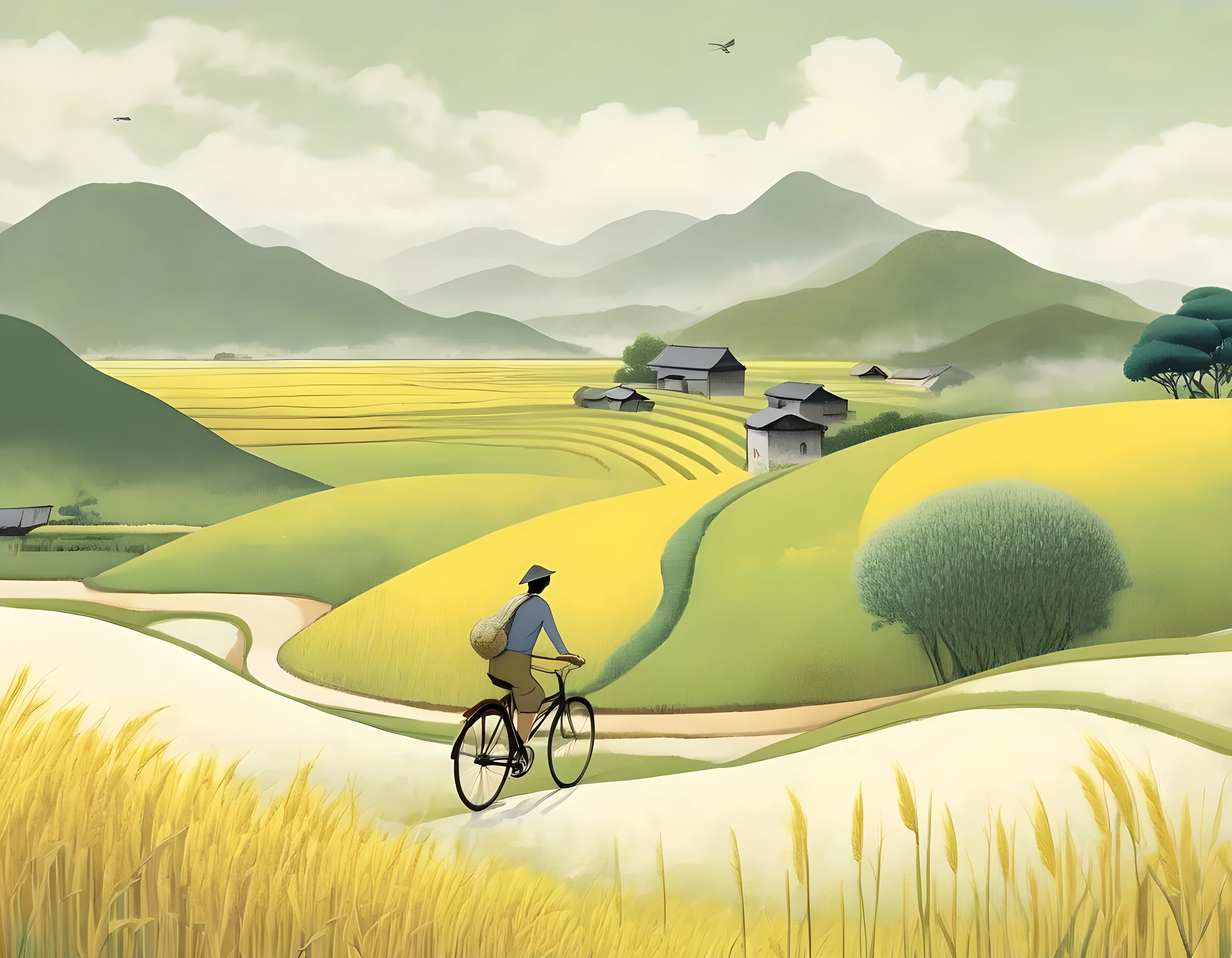 A beautiful illustration, Endless rice fields, half yellow half green, a boy riding a bicycle, Will Barnett (Will Barnet) modeling, Attached are 50D movie stills, Idyllic, Rural, panoramic,