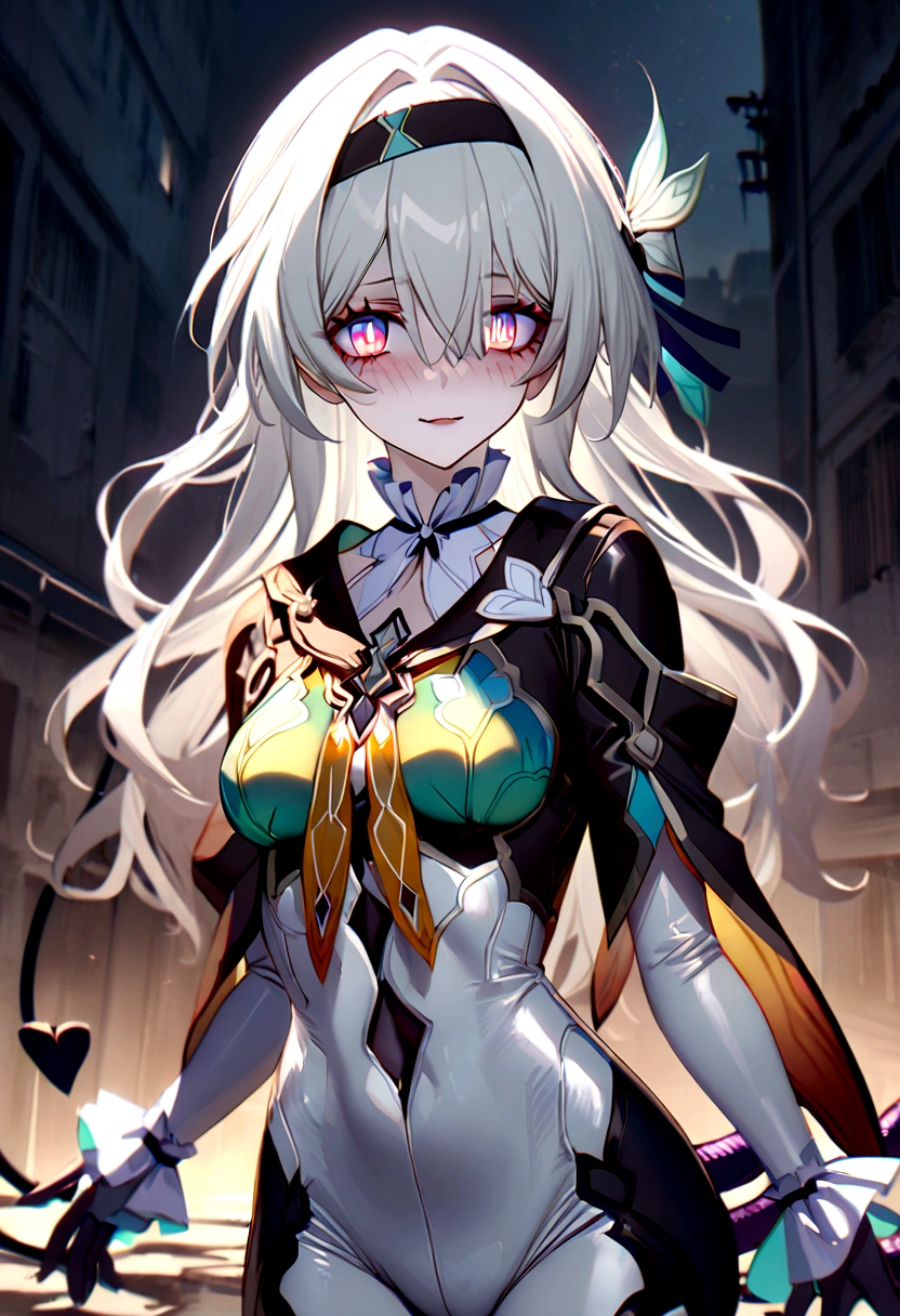 1girl, solo, firefly (honkai: star rail), looking at viewer, serious gaze, glowing eyes, solid eyes, sharp eyes, white pupils, bright pupils, slit pupils, purple scales, emotionless, glossy lips, parted lips, smile, crazy smile, evil smile, menacing smile, yandere, sadistic smile, blush, disgusted face, expressive face, perfectly round breasts, adult body, black pantyhose, Shiny skin, corruption, villain, corruption girl, demon girl, succubus girl, dark magical girl, vampire girl, horror (theme), body horror, yandere, crazy, pure evil, dark persona, cosmic horror, full armor, corruption armor, dress armor, demon horns, dragon horns, succubus horns, demon tail, dragon tail, succubus's tail, demon wings, dragon wings, succubus wings, yellow pupils, bright pupils, slit pupils, purple scales, blush, disgusted face, expressive face, abyssal, phantom limb, ghost arm, dark room, crumbling room, abandoned building scenery, night lighting, night time, perfect face, perfect hands, perfect fingers, non human fingers, perfect design, perfect detailed eyes, beautiful detailed eyes, top quality, best quality, masterpiece, detailed outfit, super detailed, ultra detailed, highly detailed, cinematic lighting, perfect anatomy, CG:1.9, ultra detailed:1.9, ultra-detailed:1.9, high resolution:1.9, high res:1.9, absurdres:1.9, masterpiece:2, high quality:2, best quality:2, pottsness style, firefly pilot suit, silver hair, solo, long hair, bodysuit, medium breasts, hairband, white bodysuit, bangs, plug suit, black hairband