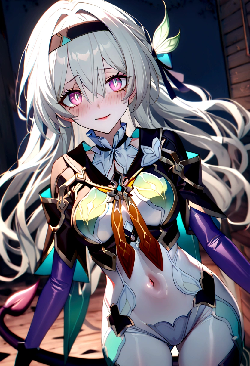 1girl, solo, firefly (honkai: star rail), looking at viewer, serious gaze, glowing eyes, solid eyes, sharp eyes, white pupils, bright pupils, slit pupils, purple scales, emotionless, glossy lips, parted lips, smile, crazy smile, evil smile, menacing smile, yandere, sadistic smile, blush, disgusted face, expressive face, perfectly round breasts, adult body, black pantyhose, Shiny skin, corruption, villain, corruption girl, demon girl, succubus girl, dark magical girl, vampire girl, horror (theme), body horror, yandere, crazy, pure evil, dark persona, cosmic horror, full armor, corruption armor, dress armor, demon horns, dragon horns, succubus horns, demon tail, dragon tail, succubus's tail, demon wings, dragon wings, succubus wings, yellow pupils, bright pupils, slit pupils, purple scales, blush, disgusted face, expressive face, abyssal, phantom limb, ghost arm, dark room, crumbling room, abandoned building scenery, night lighting, night time, perfect face, perfect hands, perfect fingers, non human fingers, perfect design, perfect detailed eyes, beautiful detailed eyes, top quality, best quality, masterpiece, detailed outfit, super detailed, ultra detailed, highly detailed, cinematic lighting, perfect anatomy, CG:1.9, ultra detailed:1.9, ultra-detailed:1.9, high resolution:1.9, high res:1.9, absurdres:1.9, masterpiece:2, high quality:2, best quality:2, pottsness style, firefly pilot suit, silver hair, solo, long hair, bodysuit, medium breasts, hairband, white bodysuit, bangs, plug suit, black hairband