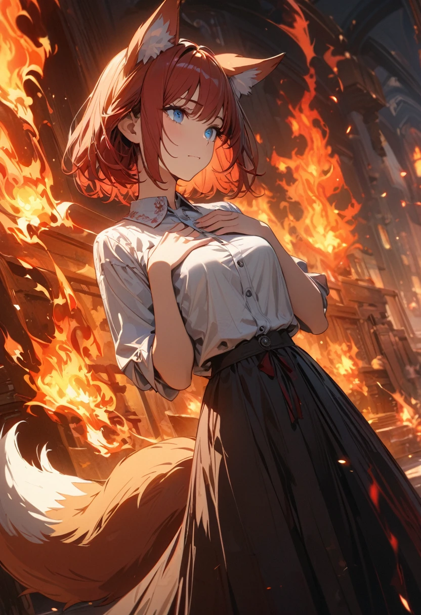 Young girl, short red hair, blue eyes, fox ears, fox tail, hands on chest, fire magic, speeveless, Old Russian shirt, long skirt, red elements, Masterpiece, best quality, Full HD, 8k, ultra details, great graphic