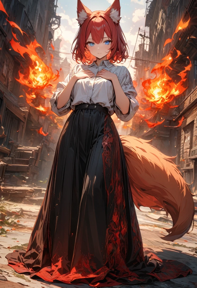 Young girl, short red hair, blue eyes, fox ears, fox tail, hands on chest, fire magic, speeveless, Old Russian shirt, long skirt, red elements, Masterpiece, best quality, Full HD, 8k, ultra details, great graphic