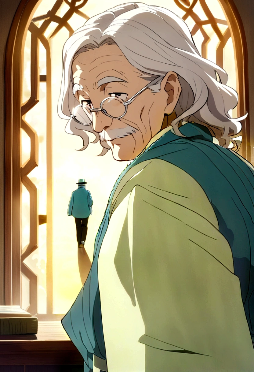 a blue seersucker norfolk jacket, elderly man, anime, intricate detailed clothing, 8k, masterpiece, blue colors, dynamic composition,