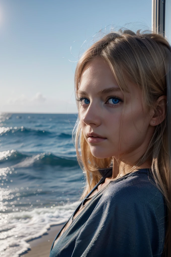 (8 k, Raw photo, Best quality, masterpiece:1.2), (realistic, photo-realistic:1.37), professional lighting, photon mapping, radiation, blonde girl, Blue eyes, Half-profile, hair blows in the wind, against the backdrop of a calm sea.