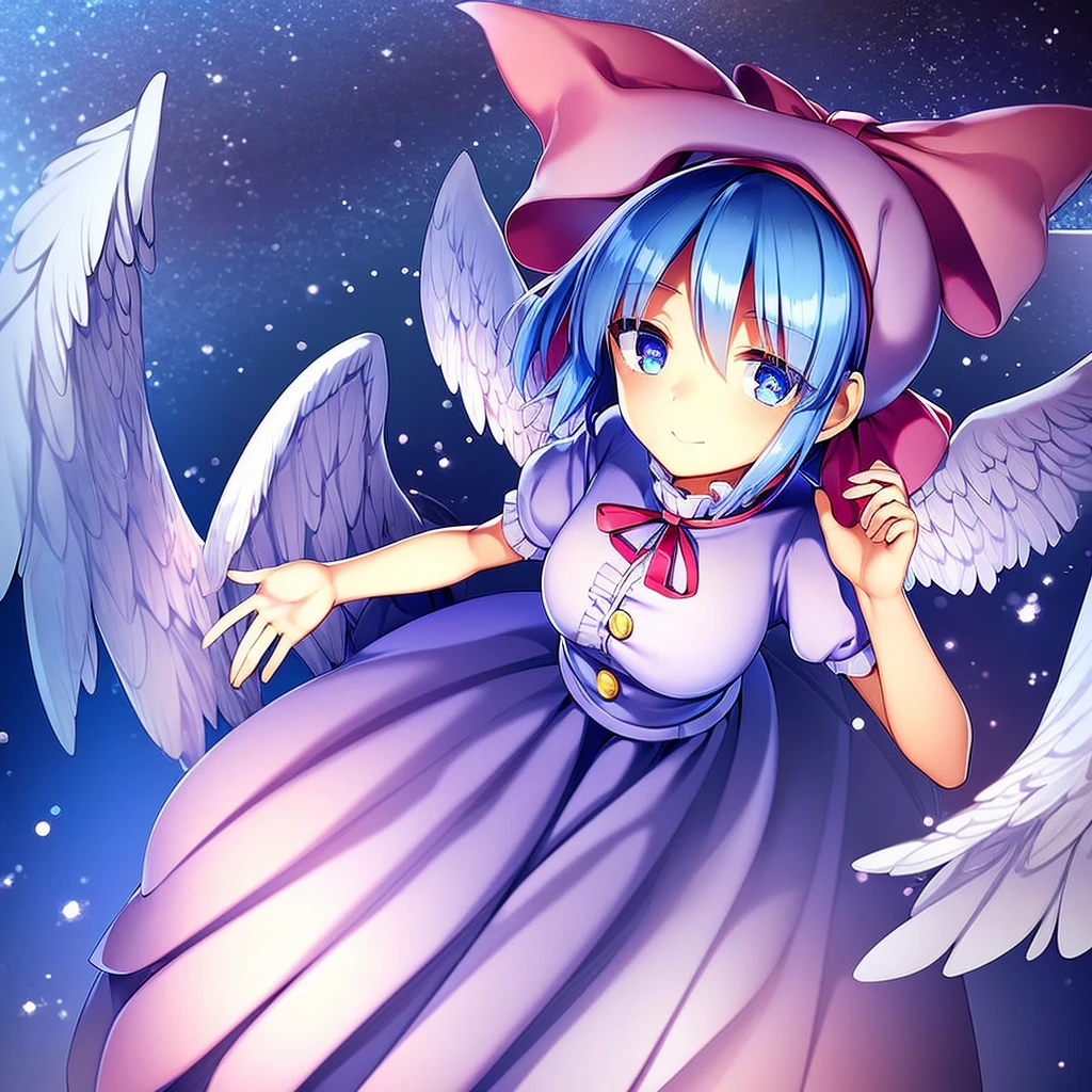 masterpiece, best quality, 1girl, , , 10 years old, medium blue hair, hair flaps, pink ribbon on head, well-formed face, blue eyes, angel girl, white blouse, puffy short sleeves, red ribbon, angel wings, long white skirt, red shoes, frills, ribbon head