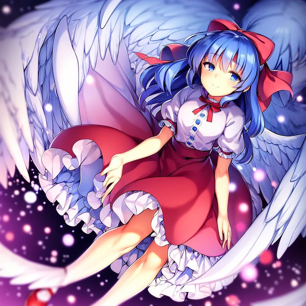 masterpiece, best quality, 1girl, , , , medium blue hair, hair flaps, pink ribbon on head, well-formed face, blue eyes, angel girl, white blouse, puffy short sleeves, red ribbon, angel wings, long white skirt, red shoes, frills, ribbon head