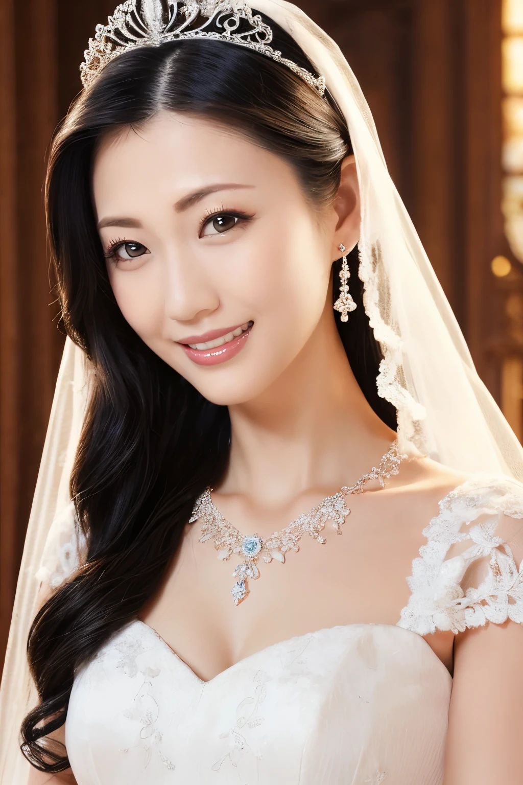 (Highest quality、Tabletop、8K、Best image quality、Award-winning works)、One beautiful bride、(alone:1.1)、(The most extravagant and gorgeous huge wedding dresses:1.1)、(Perfect Wedding Lace:1.2)、(The most gorgeous and luxurious giant tiara:1.1)、(The most extravagant and luxurious giant necklace:1.1)、Look at me with your best smile、A wide selection of the finest jewellery、Upper body photo、Perfect Makeup、Long eyelashes、Ultra HD Shining Eyes、Ultra HD Hair、Ultra High Resolution Glossy Lips、Ultra High Resolution Perfect Teeth、Super high resolution beautiful face、(Accurate anatomy:1.1)、(Very bright and beautiful skin:1.2)、(very bright and vivid:1.2)、Short Bridal Hairstyles、A gorgeous and elegant church、A gorgeous and beautiful church