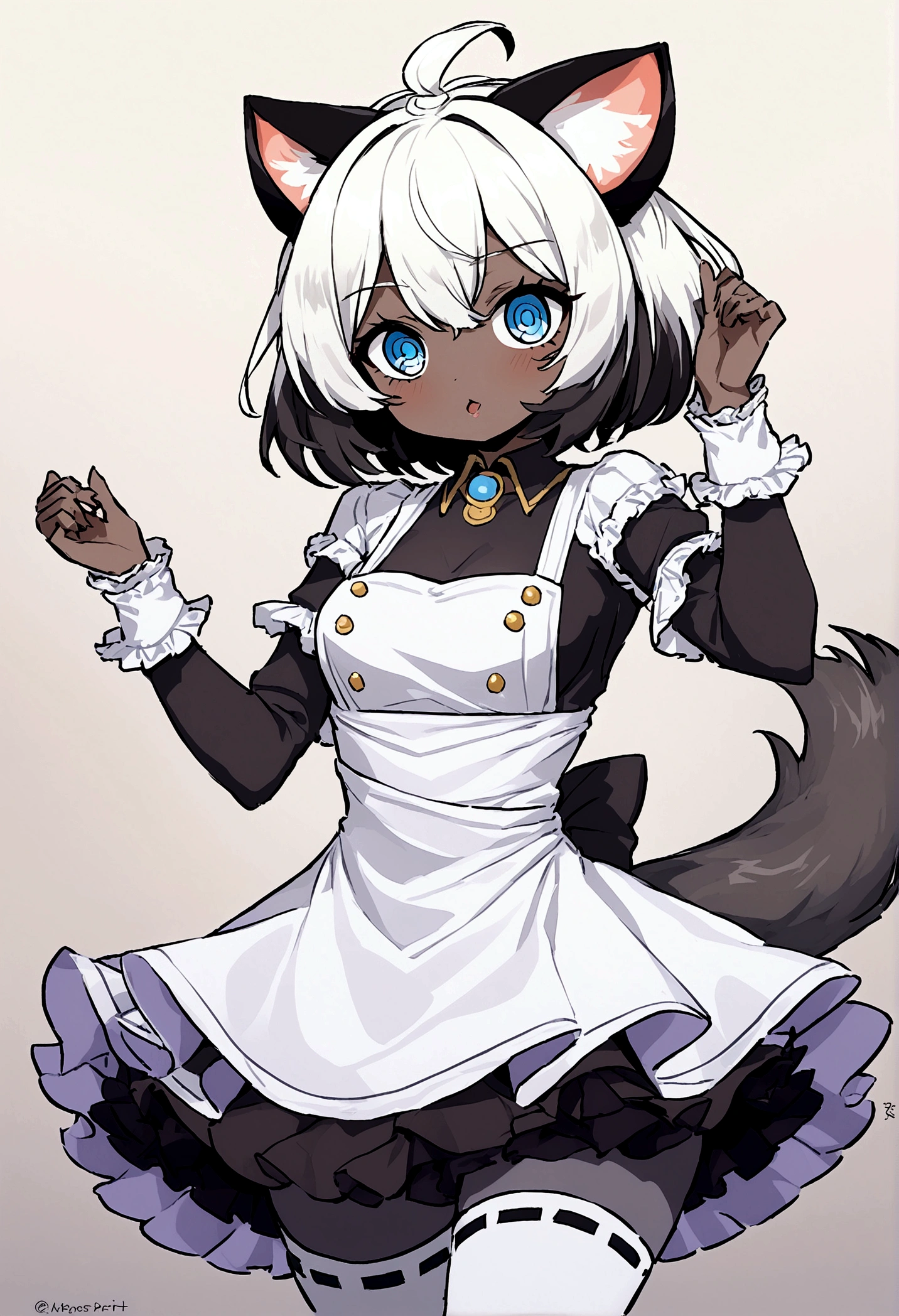 work of art, perfect, highy detailed, (small hibryd anthro cat femboy), fluffy black fur, ((blue colored eyes)), ((1))rabo de gato fluffly, short white hair, tiny chest, (CUTE CAT Ears), Wearing a collar, pelos pretos nas coxas e virilha fluffly, White silk gloves, silk white thigh socks, wearing a grayish-black snout, True muzzle, god of eyes, detailed coat, rabo de gatinho fluffly preto, detailed grout, furry, femboy, ,fluffly,black collar with bell, white maid dress, dominant pose, , covering private part, very detailed back, shiny fur