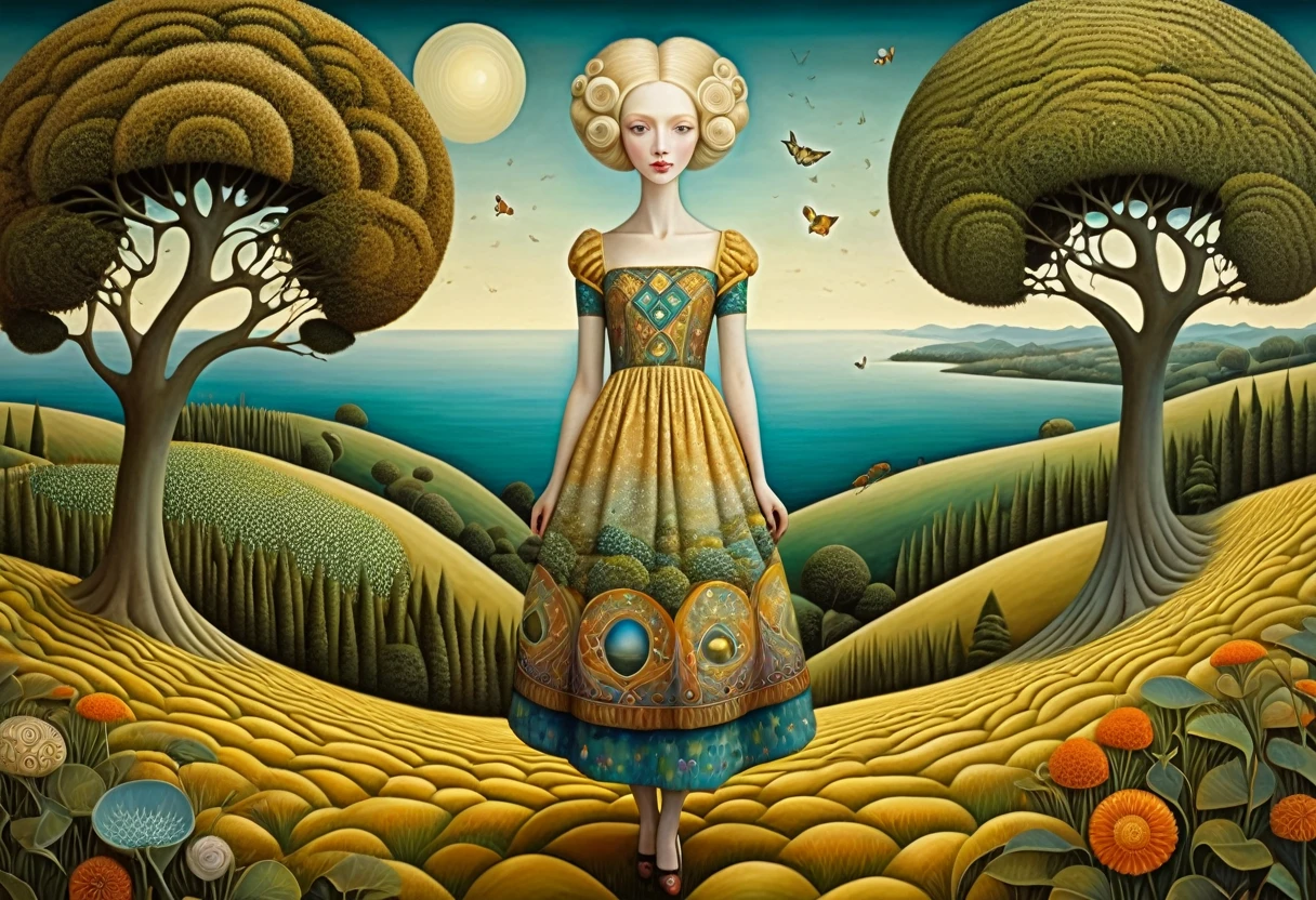 Patchwork by Klimt, Nicoletta Ceccoli, Naoto Hattori, Lawrence Didier, Leonora Carrington of European Woman, ash blond hair, light dress with wide neckline and small bust. is on the top of a gentle hill from which you can see the sea and forests of trees of many colors. The wind moves her hair and dress. intricate patterns and details, photorealistic 8k resolution, masterpiece quality, vivid and vibrant colors, dramatic lighting casting surreal shadows, fantastical and whimsical elements, magical realism ambiance, wide-angle perspective creating optical illusions.