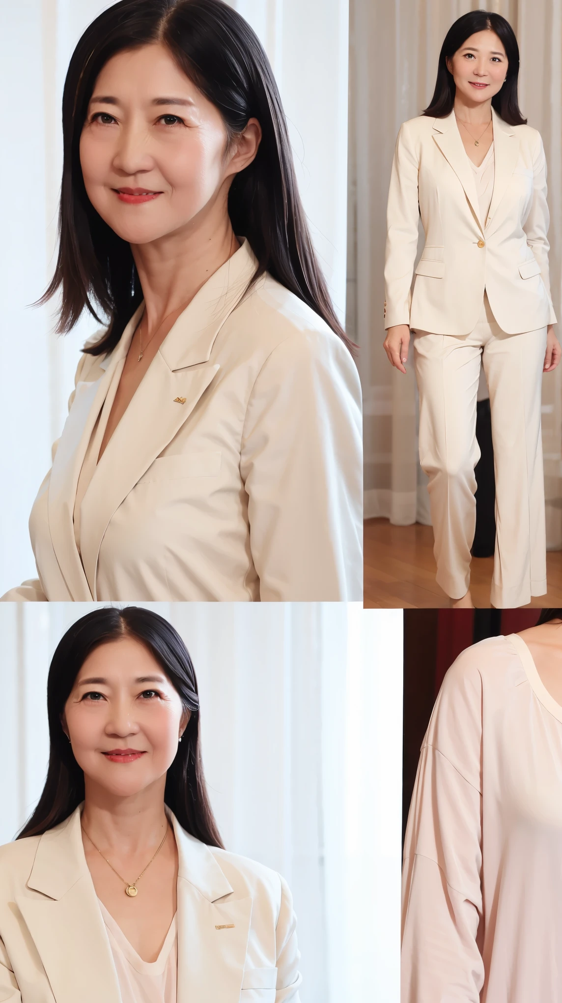 60-year-old female, Soft headlight,High-density imaging,(Clean and delicate face),((Looking to the side)),((White suit)),((Various dynamic poses)),((((Half-length photo)))),((White curtains in the background)),best quality,masterpiece,(Soft colors:1.2)