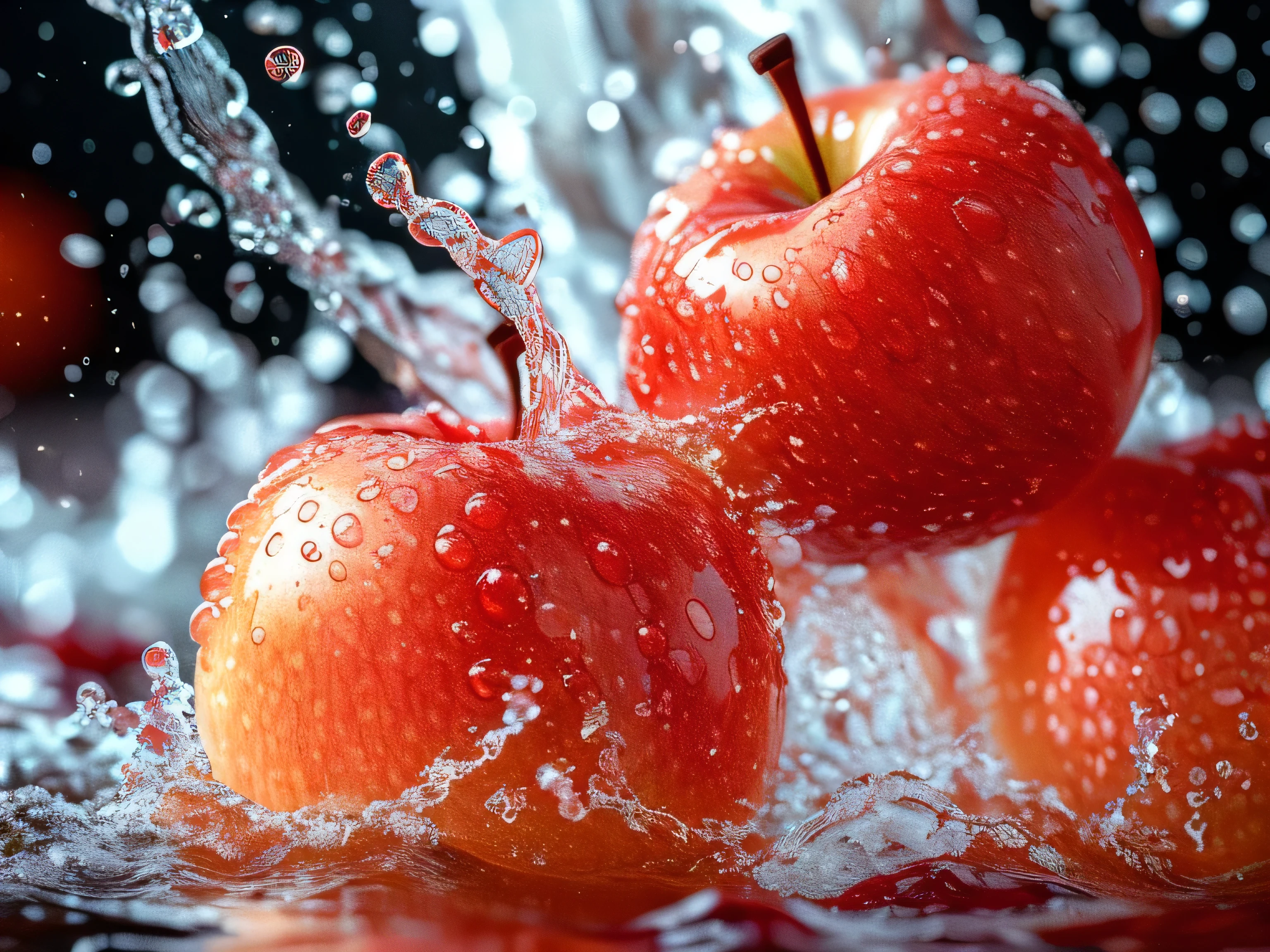 Real photography of 3 apples falling into water and splashing with water droplets. Commercial advertising style, macro shot, background, warm lighting, cool colors creating splash effect. The cherry is dotted with white light spots, and the cherry falls from above, forming a splashing liquid water ball. HD photography quality.