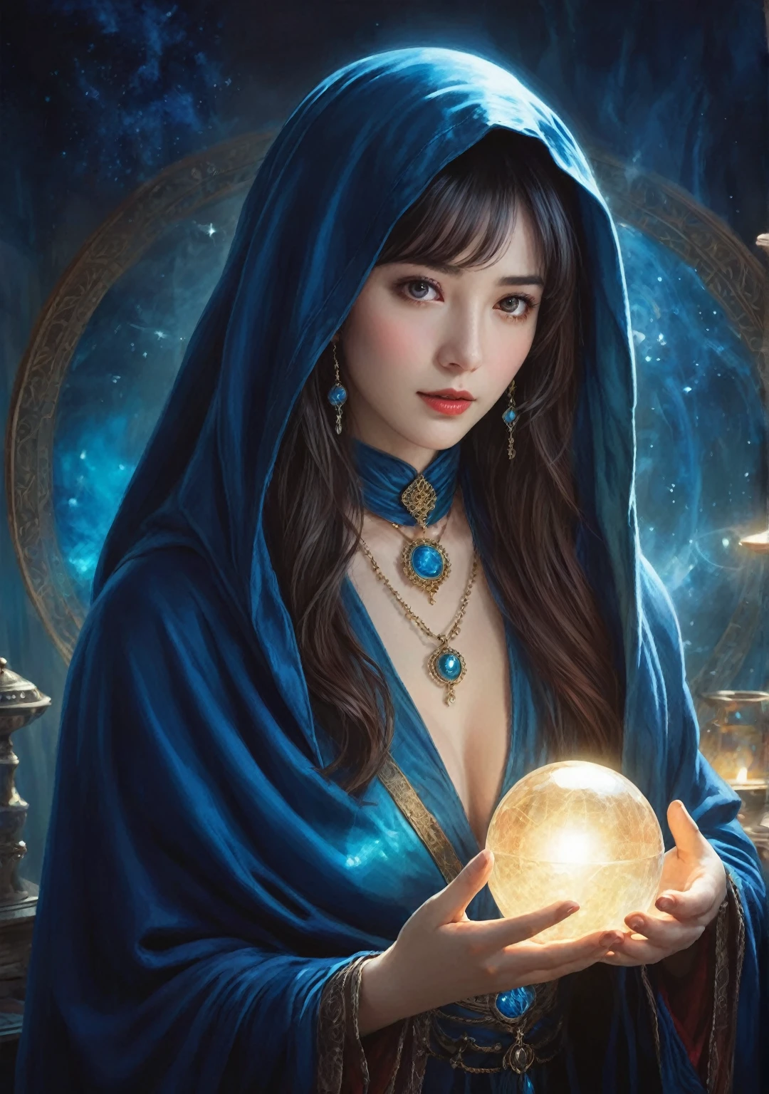 Female fortune teller. Attractive, beautiful and mysterious. She wears a blue cloak and has distinct features. The atmosphere is bright and sparkling, full of anxiety and anticipation. A fortune teller is standing there. The body is facing forward. he is looking at you He holds a crystal ball in his right hand. The lighting in the room is bright, creating a magical atmosphere. Best picture quality, 4k or 8k resolution. The level of detail is very detailed and realistic, close to photorealism. Artistic style should reflect an official aesthetic with bright colors and strong contrasts. The color palette should emphasize the mystical and mystical theme of the work. The fortune teller's cloak is decorated with metal edging with a thickness ratio of 1.5 and intricate designs. The overall atmosphere is magical, like a starry sky. The expression on the fortune teller's face should arouse mystical interest.