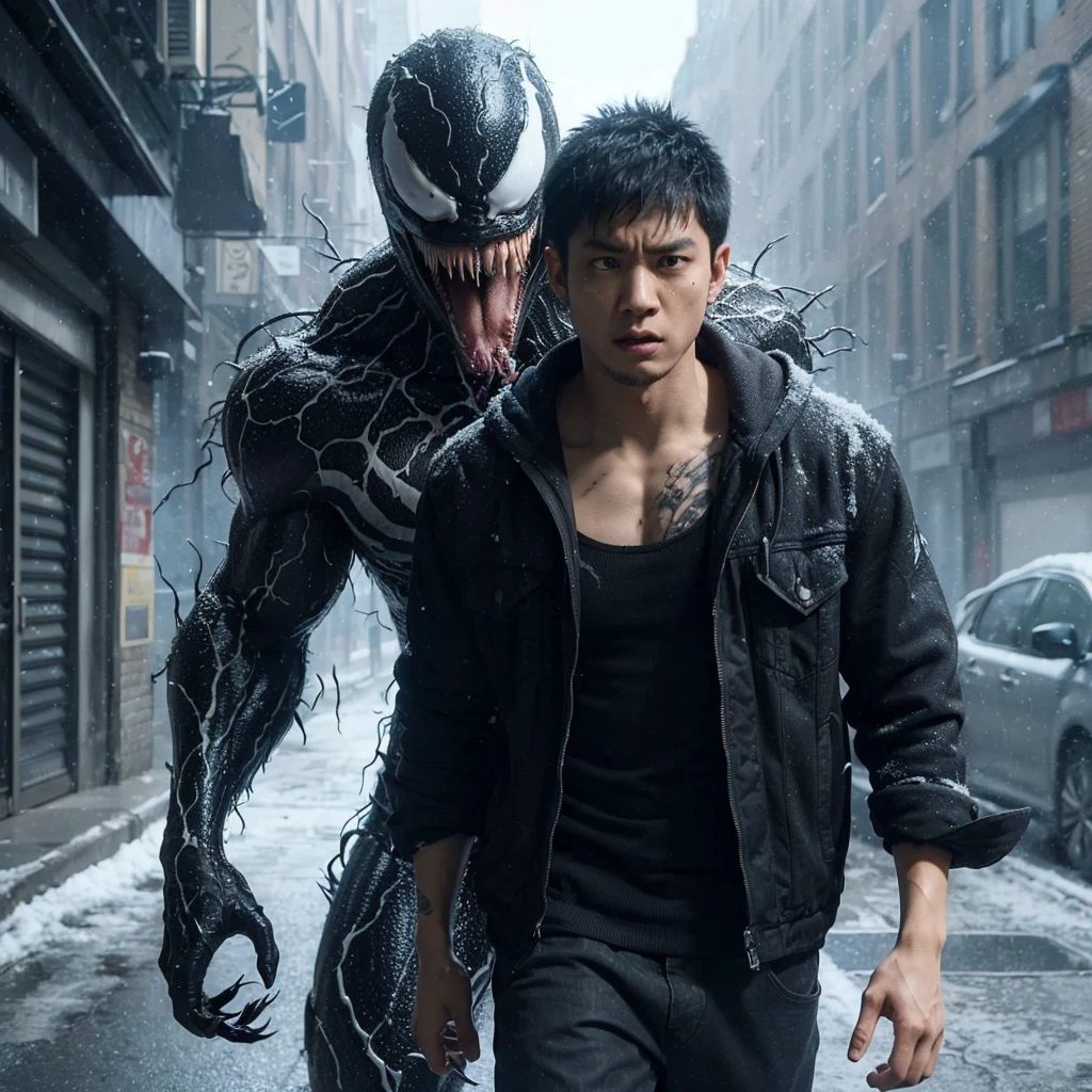 3d hyper realistic black creature called venom with an angry expression coming out of the body of an asian man ,25 years old, short and spiky hair, who was walking on a dirty street sidewalk ,tense atmosphere with snowfall ,4k,UHD,cinematic,ultra realistic
