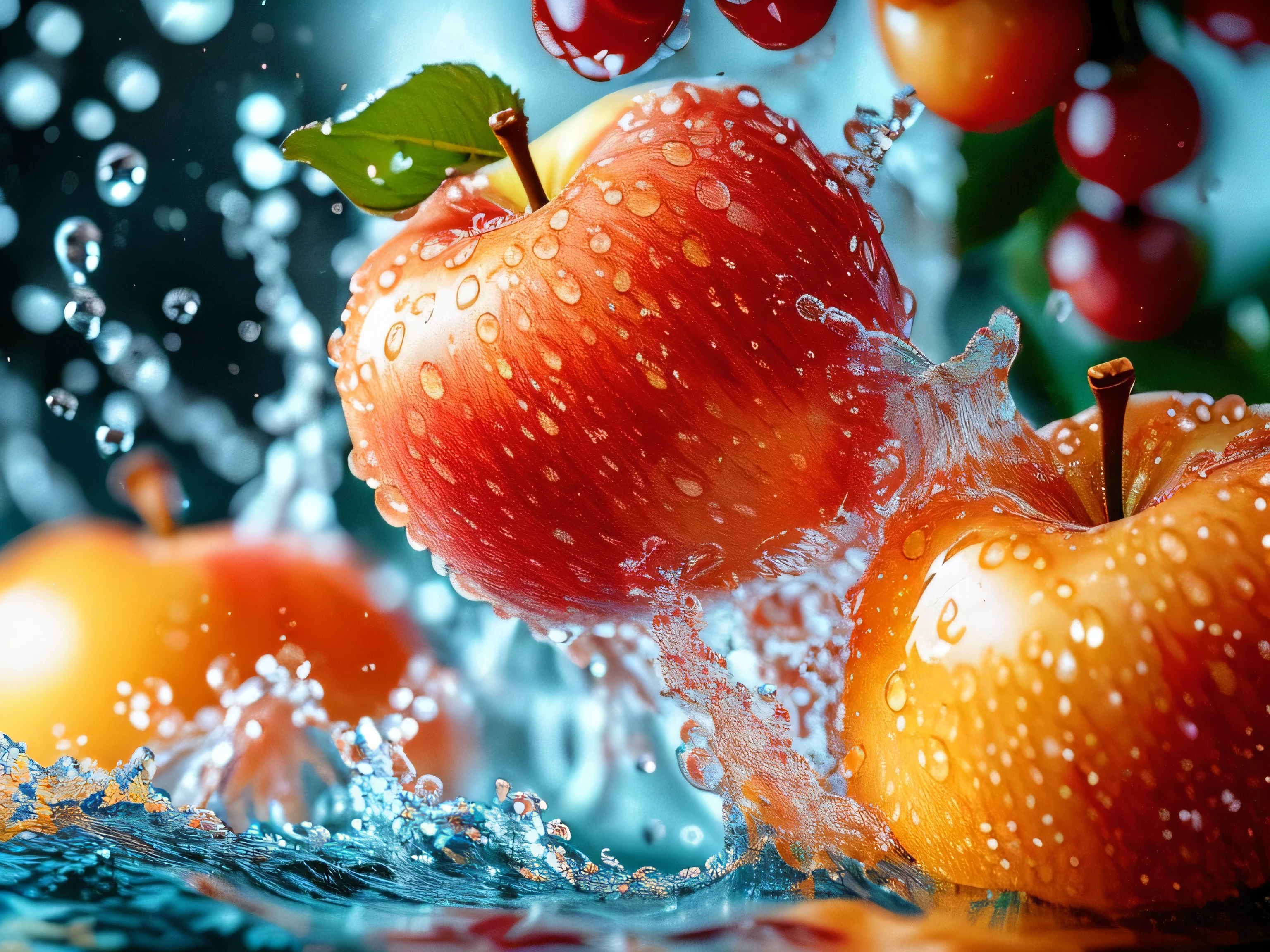 Real photography of 3 apples falling into water and splashing with water droplets. Commercial advertising style, macro shot, background, warm lighting, cool colors creating splash effect. The cherry is dotted with white light spots, and the cherry falls from above, forming a splashing liquid water ball. HD photography quality.