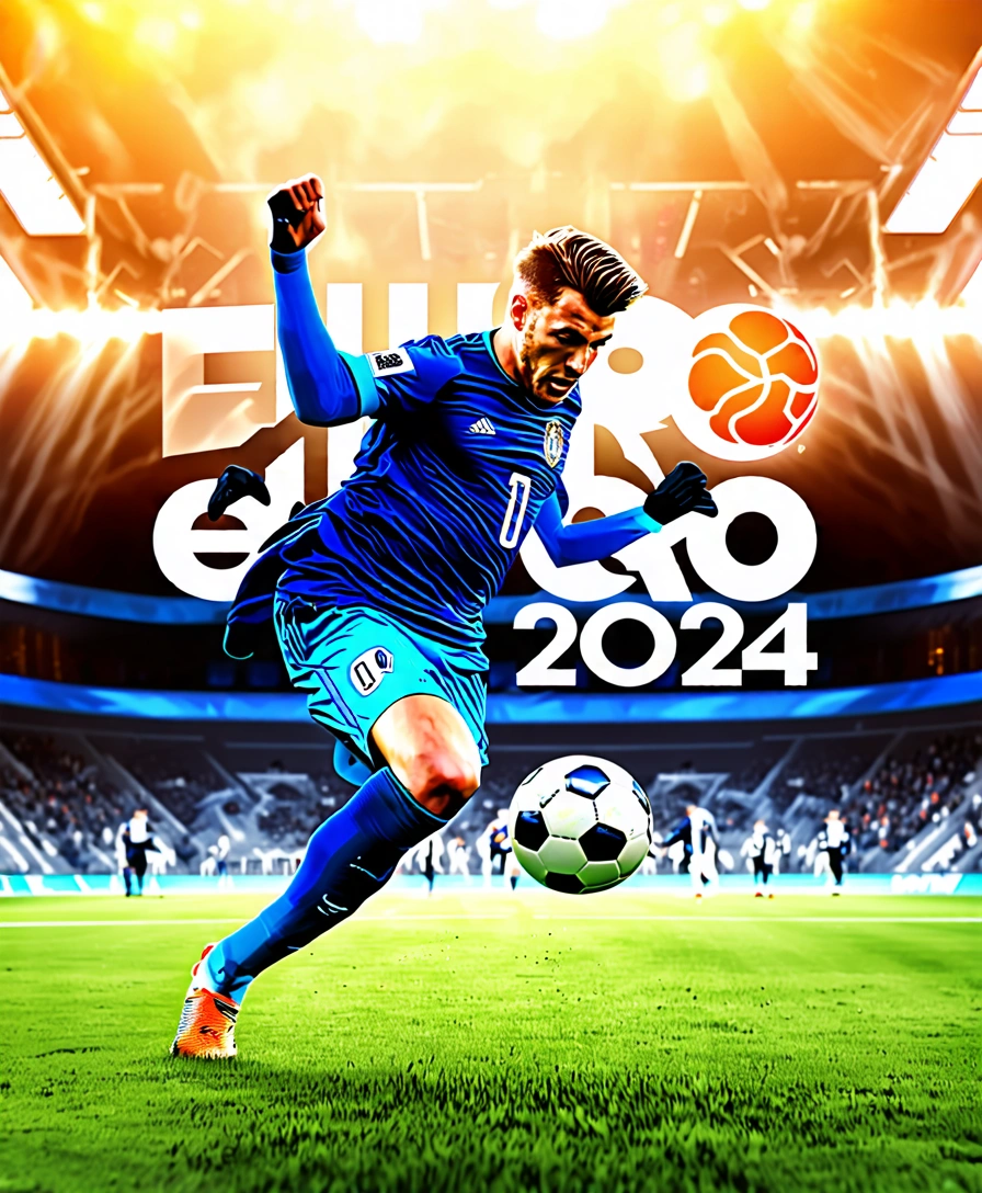 advertisement text "Euro 2024", epic text, european football player kicking a ball, dynamic composition , movie posted