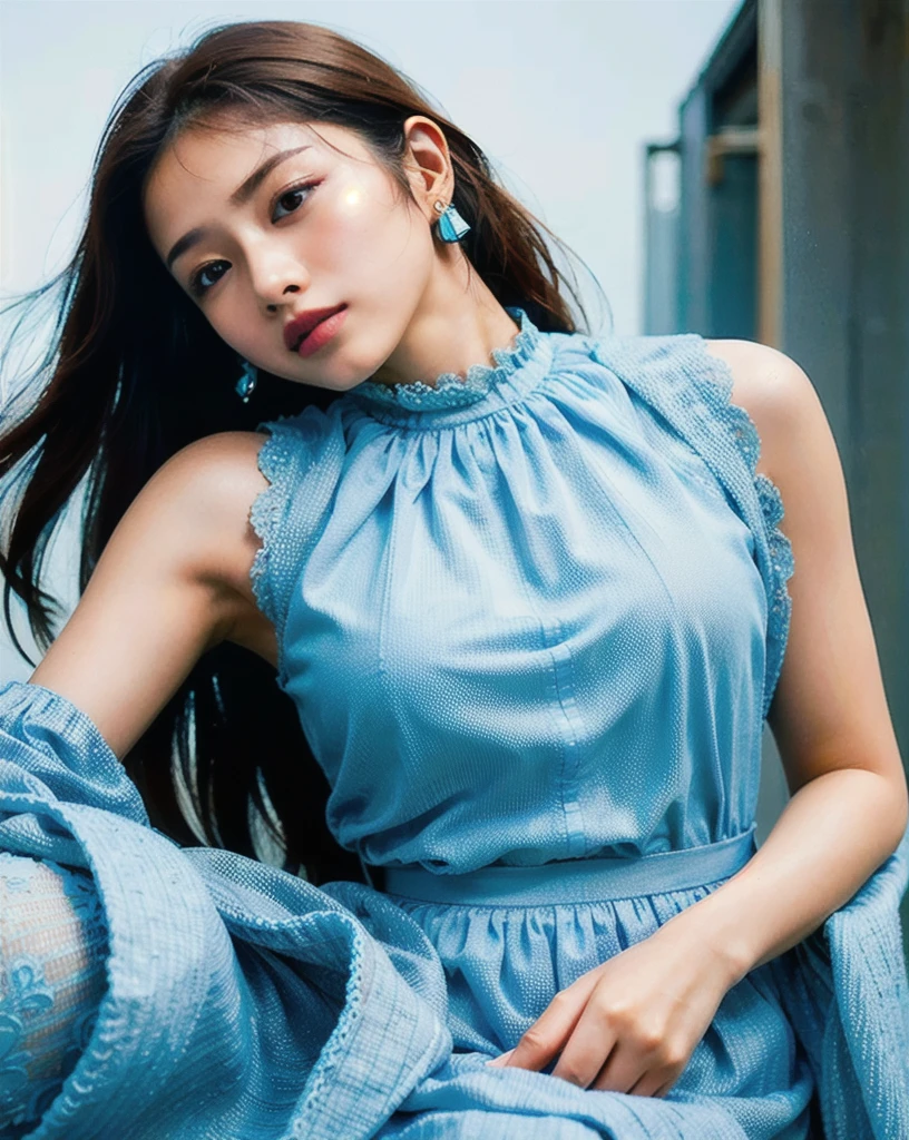 a woman posing on the bed, best quality, high res, 8k, 1girl, (huge breasts), day, bright, outdoor, (street:0.8), (people, crowds:1), (lace-trimmed dress:1.5, light blue clothes:1.5, blue high-neck dress:1.5, sleeveless dress, blue dress: 1.5), gorgeous, (forehead, medium hair), beautiful detailed sky, beautiful earrings, (dynamic pose:0.8), (upper body:1.2), soft lighting, wind, shiny skin, looking at viewer, pain,pained expression,