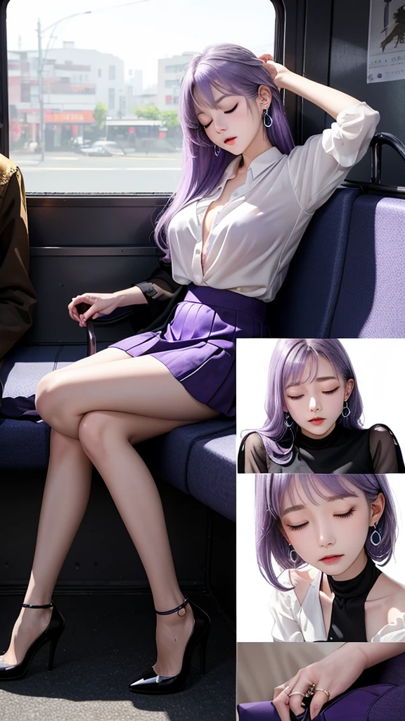 20th generation women,,Clear images、Real women 、Light purple hair, Side Tail 彼女 is fast asleep with his eyes closed and his mouth open., Slender figure ,Breasts are a little bigger than normal , Full body shot from head to toe, Shiny light purple high heels、 blouse、mini skirt、Large ring earrings, Sit down in the back of the bus, 、I threw my head back and fell into a deep sleep..,My arms are hanging down. I'm weak and want to sleep..Her knees are open and her underwear is visible., Both feet are on the floor, sleeping face, close your eyes, Mouth wide open and drool、tilt your head back and look up, You can rest your head on the seat and sleep soundly.., Anatomically correct,A composition looking up from directly in front