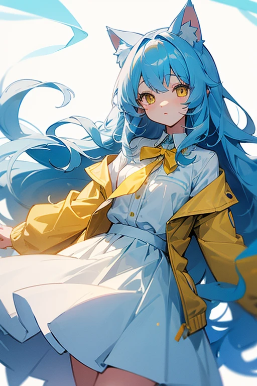 Light blue, slightly long curly hair、Cat ear、Yellow Eyes、White dress shirt-like blouse、Yellow jacket、Light blue skirt、Light blue ribbon on chest、Girl、cute