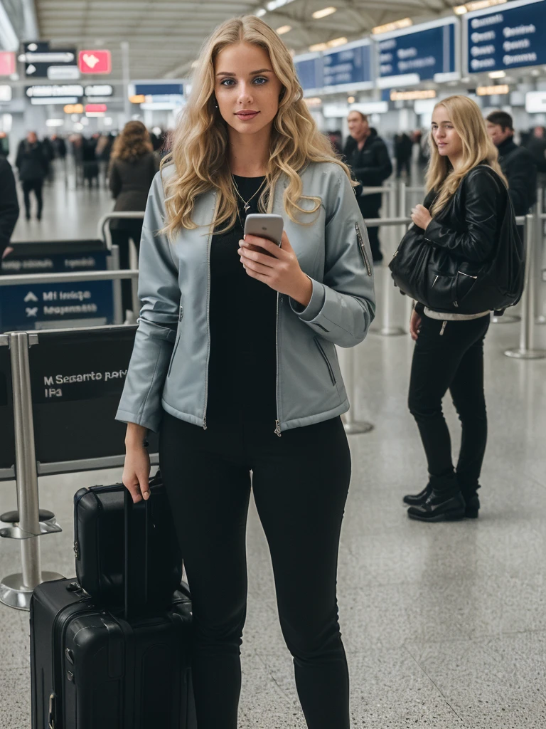 1 girl, photorealistic, blonde woman with blue eyes, (((20 years old))), Lara Stein, Alexandra Waliszewska, Curly long blonde hair, (((the most beautiful woman in the world))), beautiful look, perfect detail, Victoria's Secret-Modell, (((she seductively stands amidst the bustling atmosphere of the airport departure area, surrounded by the whirlwind of travelers and the anticipation of journeys about to unfold. The terminal is a hive of activity, with bustling crowds, the hum of announcements over the intercom, and the distant rumble of luggage being wheeled across the floor. Dressed in comfortable yet stylish travel attire—a sleek jacket, comfortable pants, she stands with a sense of purpose and excitement. Perhaps she's clutching a boarding pass or checking her phone for flight updates, her expression a mix of anticipation and readiness for the adventure ahead))), dynamic pose