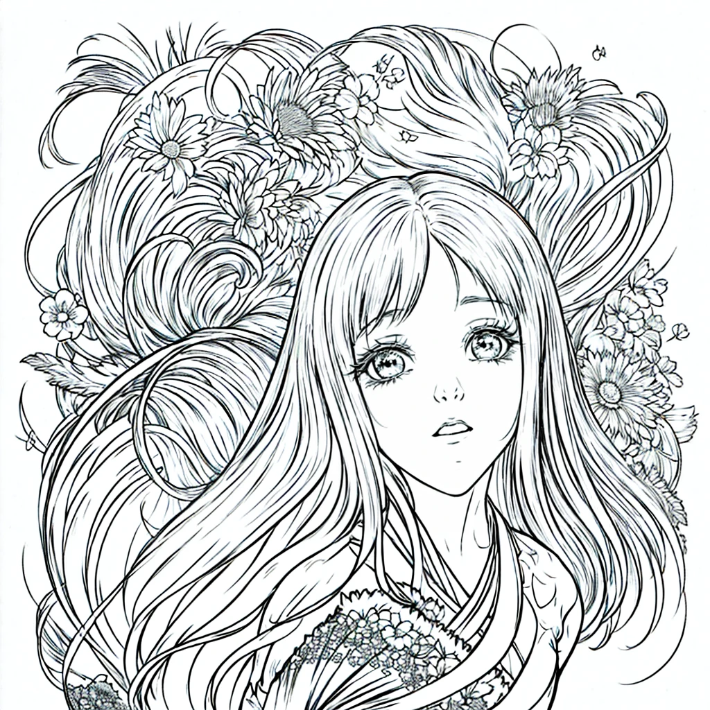 A girl with long black hair, pale skin, wears a worn white kimono, your skin is white and your face doesn&#39;t have many details.
[アニメ; Gothic; darkness background; black andwhite, drawing without many details(ou kawaii); sketch style]