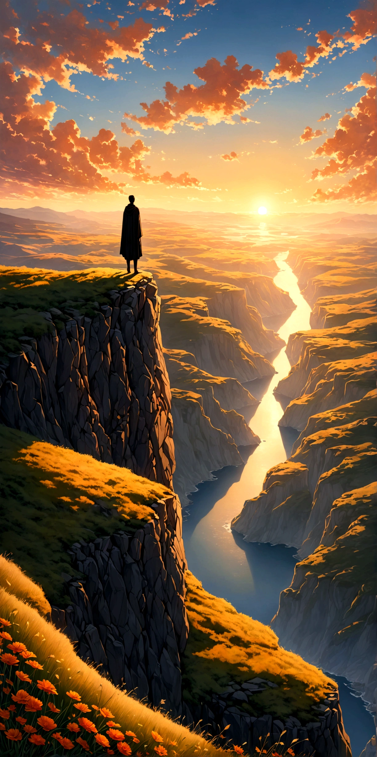 Create a visual representation of a solitary figure on a cliff during sunrise, The individual stands tall in awe and wonder under the expansive sky, their silhouette a stark contrast against the vibrantly colored morning light, They are in a deep state of contemplation, the serene atmosphere around them speaks of tranquility and solitude, The perspective is from a wide-angle view emphasizing the immense scope of the breathtaking landscape filled with natural elements, The image should evoke a sense of drama and magnitude with the effective use of light and shade.