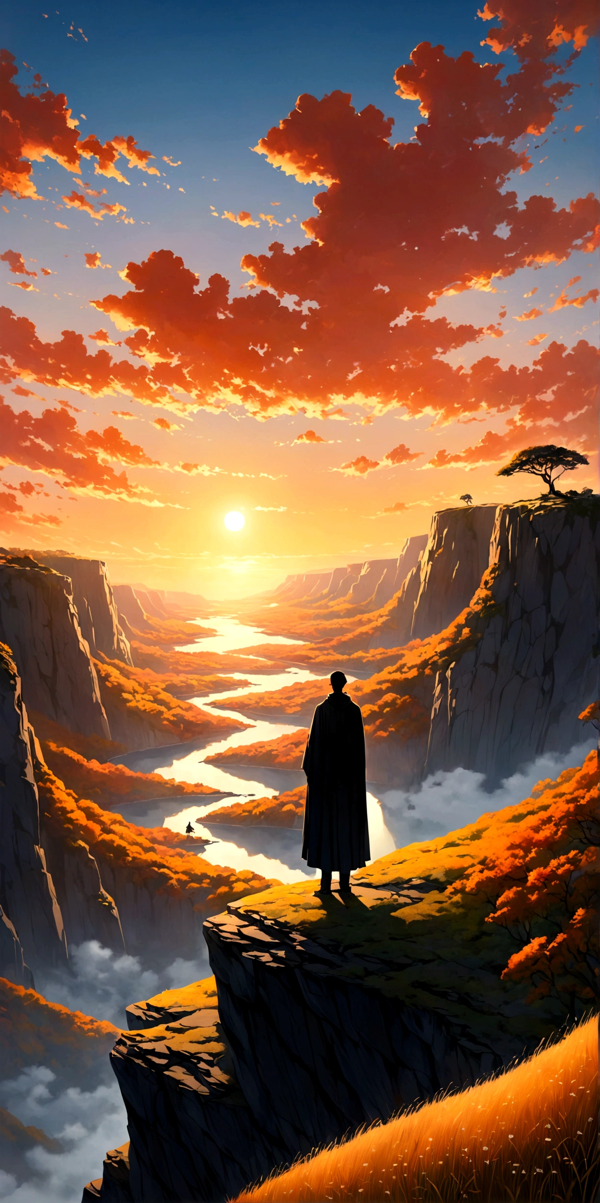 Create a visual representation of a solitary figure on a cliff during sunrise, The individual stands tall in awe and wonder under the expansive sky, their silhouette a stark contrast against the vibrantly colored morning light, They are in a deep state of contemplation, the serene atmosphere around them speaks of tranquility and solitude, The perspective is from a wide-angle view emphasizing the immense scope of the breathtaking landscape filled with natural elements, The image should evoke a sense of drama and magnitude with the effective use of light and shade.