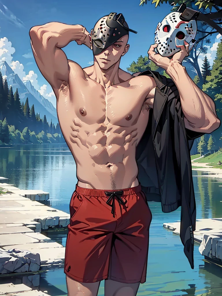(masterpiece, 4K, ultra detailed), Jason Voorhees, single, masculine, light skin, jason's white hockey mask, bald, sexy, muscular, sunny, smooth lining, smooth shading, shirtless, lake, cartoony, red swim trunks