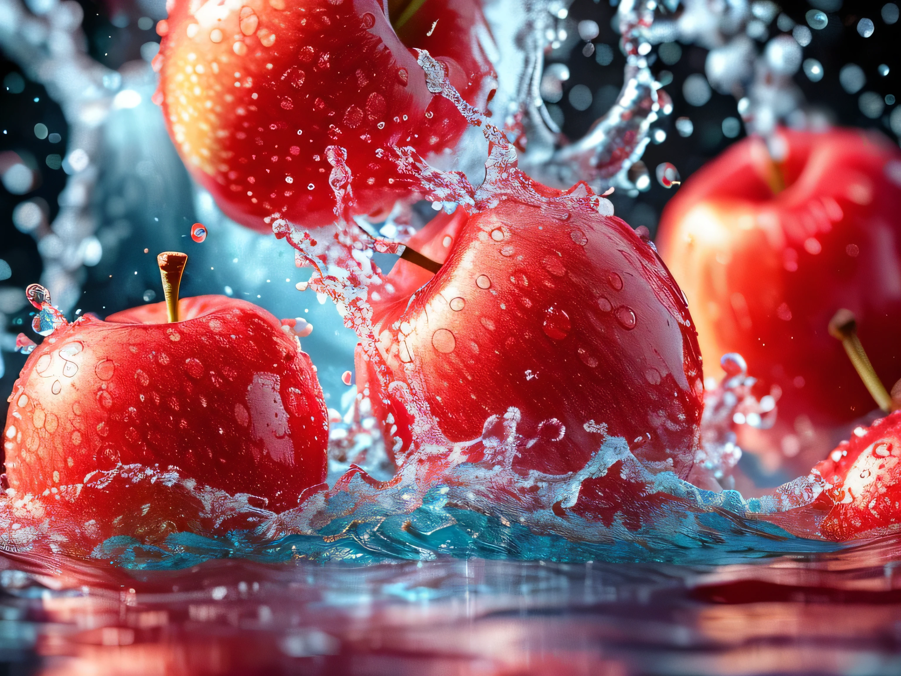 Real photography of 3 apples falling into water and splashing with water droplets. Commercial advertising style, macro shot, background, warm lighting, cool colors creating splash effect. The cherry is dotted with white light spots, and the cherry falls from above, forming a splashing liquid water ball. HD photography quality.