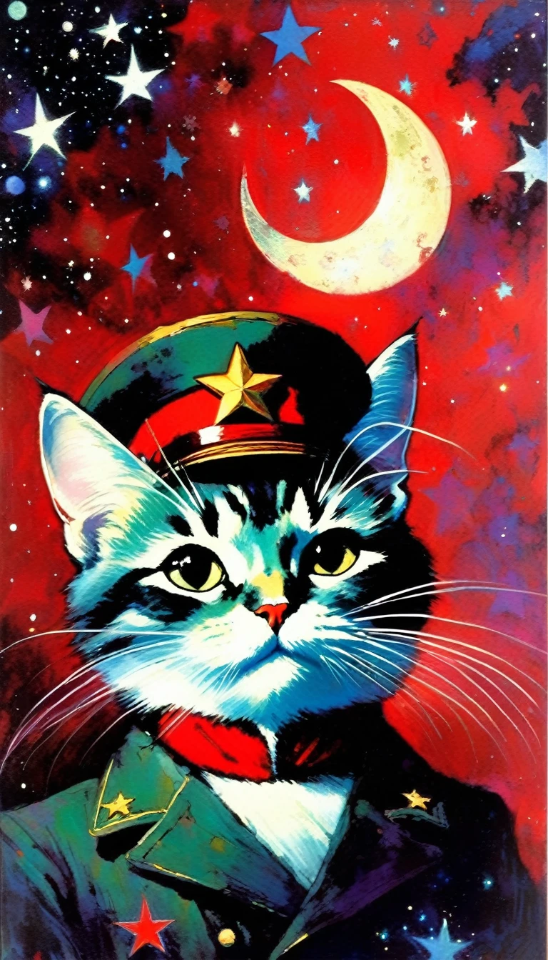 1communist cat, red star, magic, fantastic, night sky, moon, stars, background, (art inspired in Bill Sienkiewicz). oil painting)
