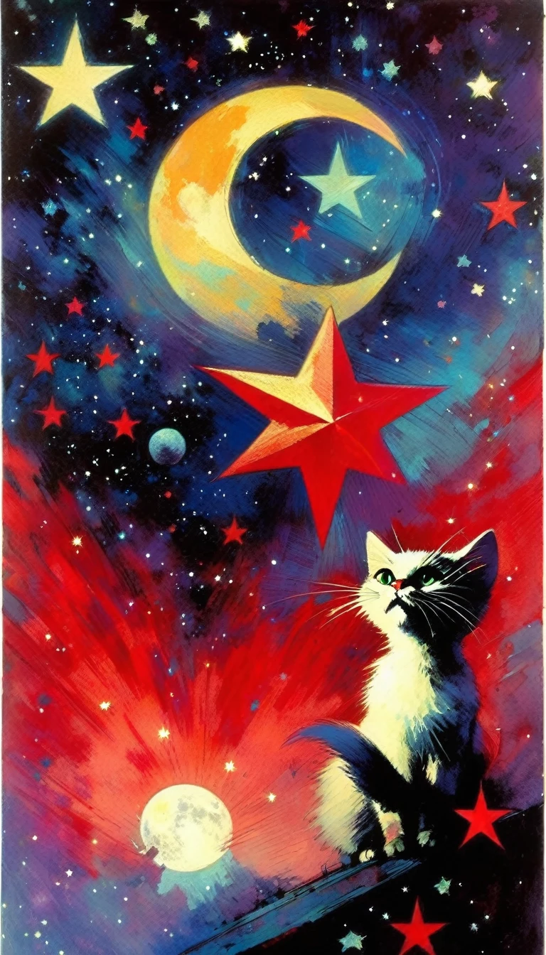 1communist cat, red star, magic, fantastic, night sky, moon, stars, background, (art inspired in Bill Sienkiewicz). oil painting)