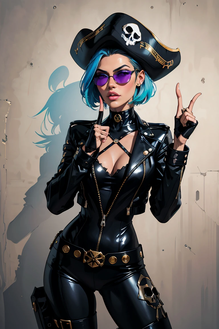 Fantasy Gothic, ((The most rebellious bad girl in history)), 1girl, ((solo)), (((Stylish sunglasses))), Pirate hat, Lips in love, Skull Fashion, Neon, Short iridescent hair, Rainbow fabric, Biker Jacket, Bodysuit, Gold pattern, Ancient runes, Metal nails, (Middle finger raised:1.3), Standing in front of a motorcycle skull graffiti art background, Add whimsy to the scene, To enhance the sharpness and modernity of the scene, Sharp lines, Bold brushstroke numbers, Surrealism, Conceptual art, Futurism, UHD, masterpiece, accurate, anatomically correct, textured skin, super detail, high details, award winning, 8k
