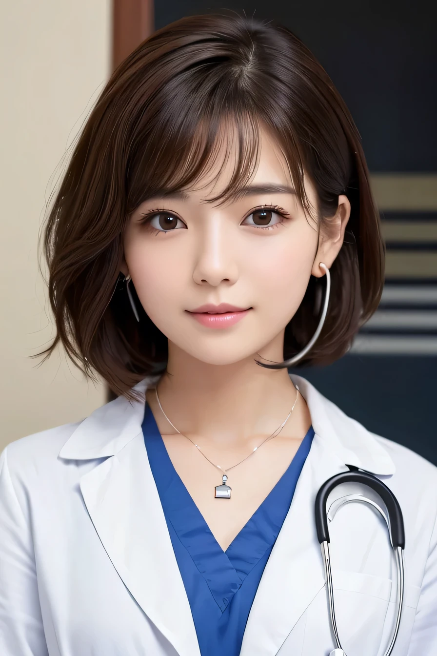 young woman、 Japanese women、Brown Hair、Necklace around the neck、White、Doctor's attire、Stethoscope、、Wavy Hair、short hair、Intricate details, Very detailed:1.2), 、 Looking into the camera,The background is the examination room...、ear piercing