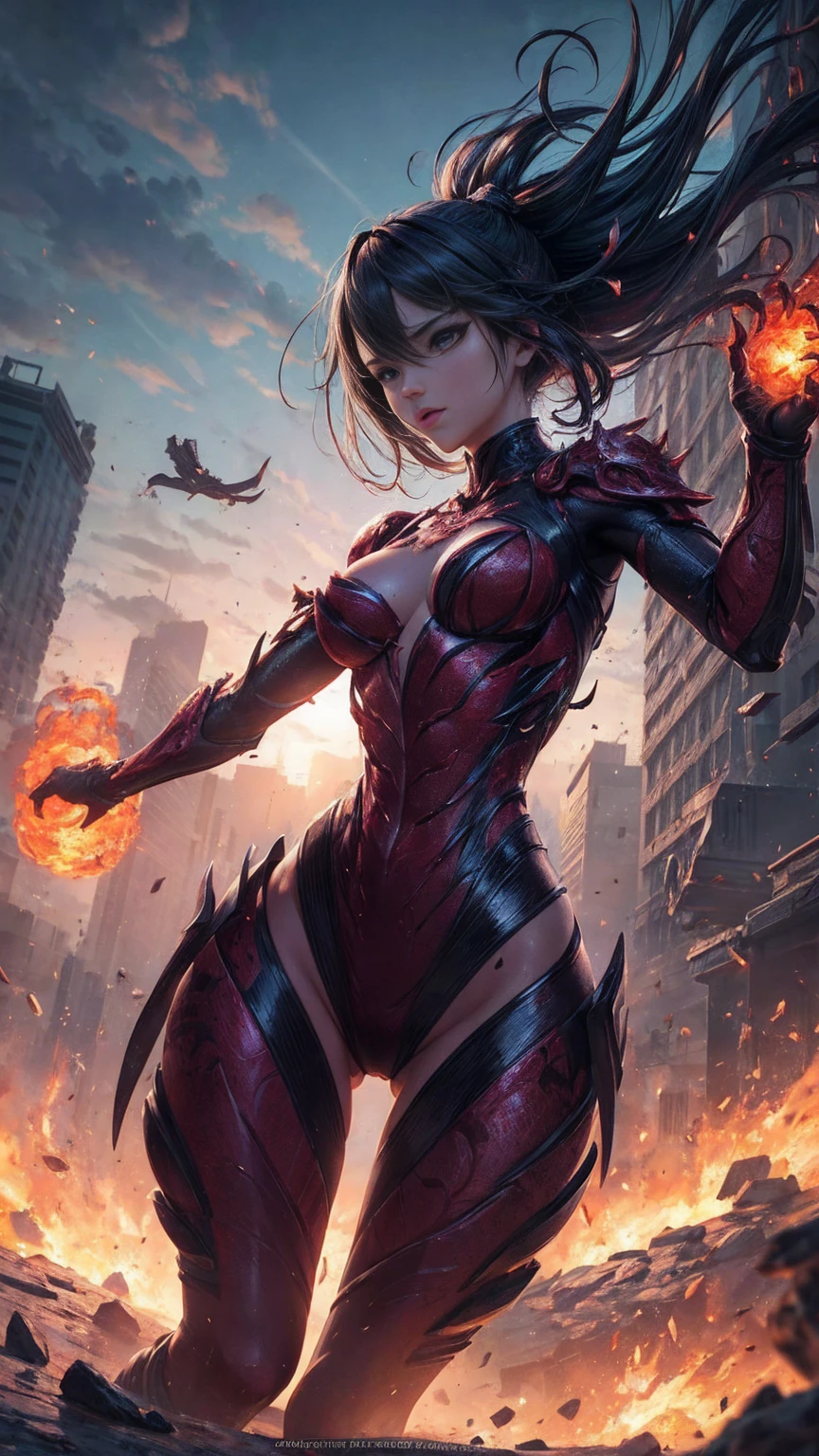 girl Carnage, symbiont attached, sexy, revealing, dynamic combat action, mid attack stance, highly detailed, vibrant appearance, spontaneous creative behavior, extremly detailed, imaginative, sensual, spontaneous, small breasts, sexy, revealing, highest quality, skin texture, intricate details, (cinematic lighting), RAW photo, 8k, masterpiece,best quality,ultra-detailed,very detailed illustrations,extremely detailed,intricate details,highres,super complex details,extremely detailed 8k cg wallpaper,