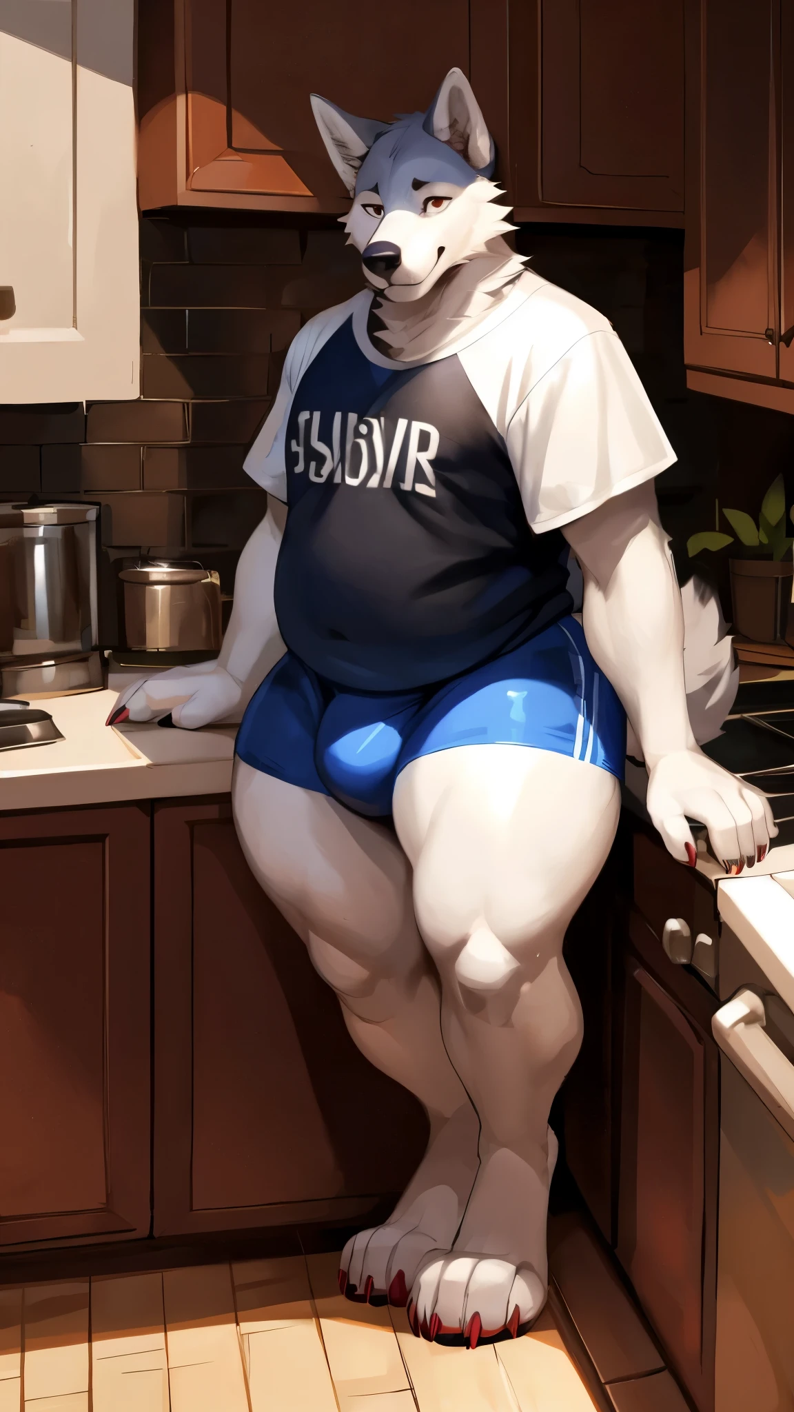 4k ultra quality, 4k full body view,(ultra high detailed body),muscular wolf,by mystikfox61, by glitter trap boy, by bebebebebe,by morethreedee, by seibear,(thick thigh),(chubby thigh),wide shoulder,thicc thigh,thick legs,chubby legs,thicc legs,massive butt,enomorous thigh,massive thigh,massive legs,thick lower legs,wide legs,(detailed thigh),wide thigh,sharp nails,((sfw)),(ultra detailed face),detailed eyes,big tail,fluffy tail,(detailed tail),enomorous tail,bigger tail,huge tail,volumetric light,big paws,(thick paws),fluffy paws,furry paws,enomorous paws,((long legs)),master works, super fine, 4k resolution, high quality,high picture detail,dark fantasy,illusory engine, Masterpiece,front view,faint lighting,wide body,enomorous body,wearing T-shirt,tight T-shirt,wearing shorts,tight shorts,huge bulge,standing in kitchen,male,enomorous body