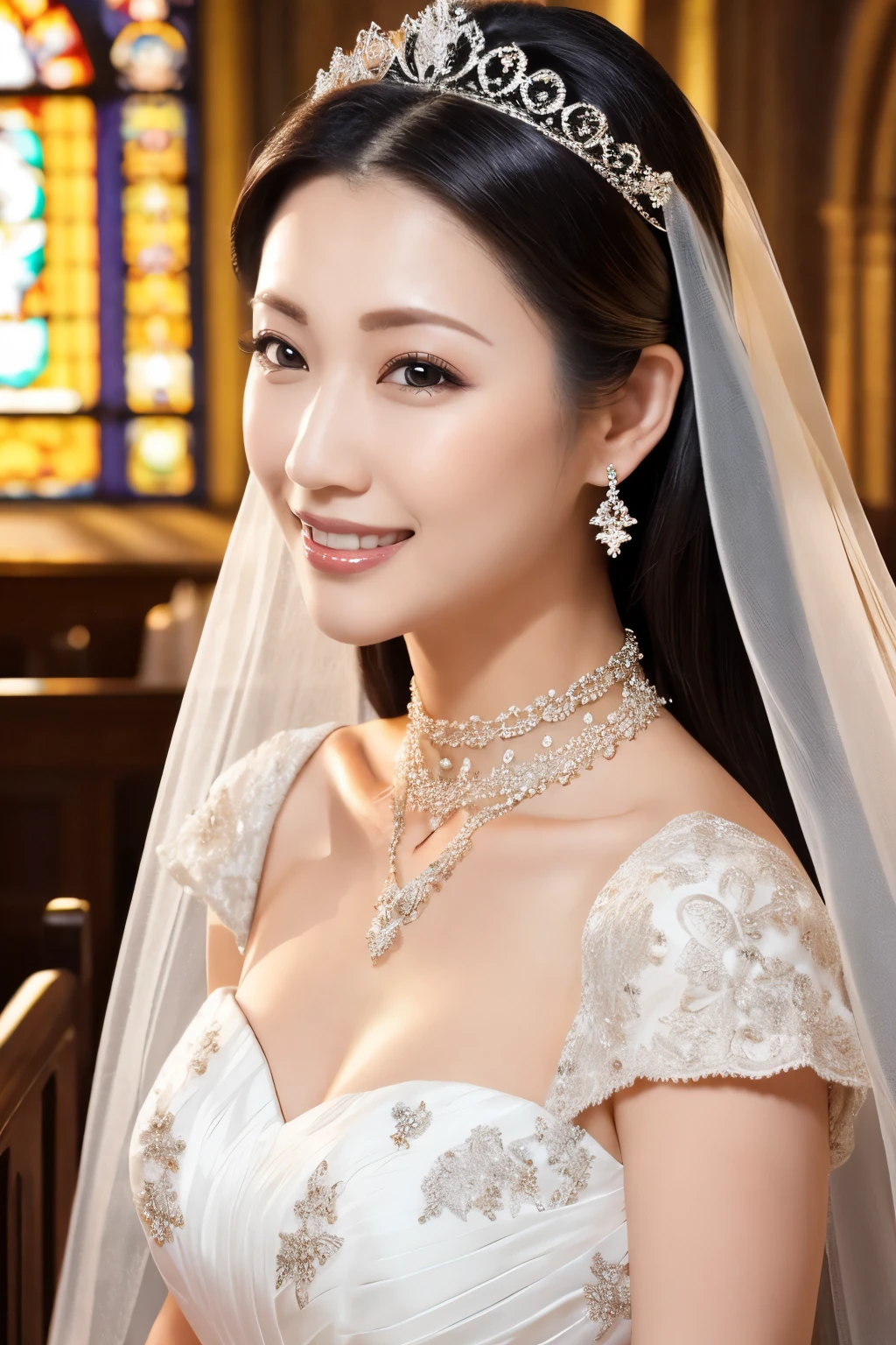 (Highest quality、Tabletop、8K、Best image quality、Award-winning works)、One beautiful bride、(alone:1.1)、(The most extravagant and gorgeous huge wedding dresses:1.1)、(Perfect Wedding Lace:1.2)、(The most gorgeous and luxurious giant tiara:1.1)、(The most extravagant and luxurious giant necklace:1.1)、Look at me with your best smile、A wide selection of the finest jewellery、Upper body photo、Perfect Makeup、Long eyelashes、Ultra HD Shining Eyes、Ultra HD Hair、Ultra High Resolution Glossy Lips、Ultra High Resolution Perfect Teeth、Super high resolution beautiful face、(Accurate anatomy:1.1)、(Very bright and beautiful skin:1.2)、(very bright and vivid:1.2)、Short Bridal Hairstyles、A gorgeous and elegant church、A gorgeous and beautiful church