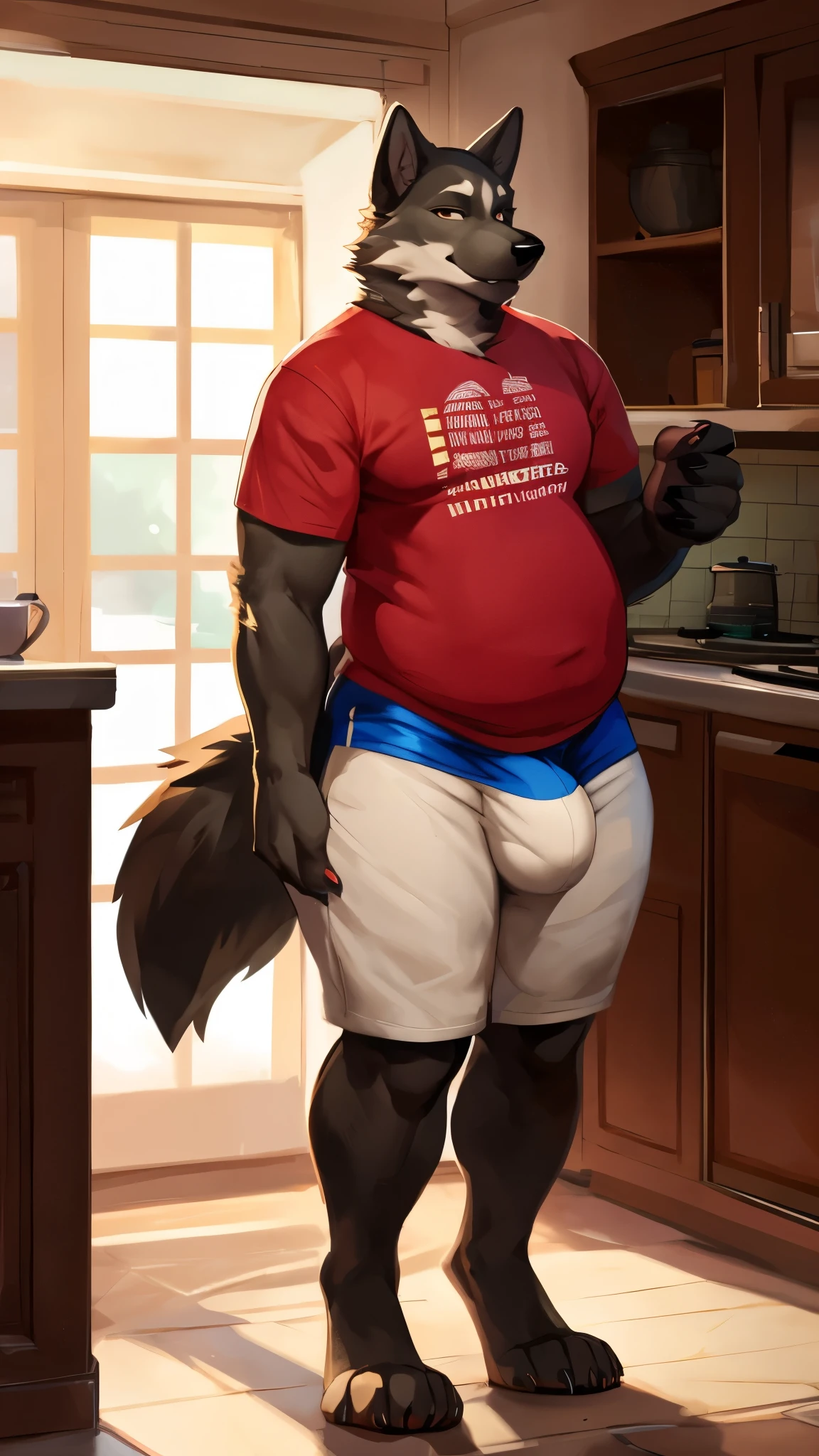 4k ultra quality, 4k full body view,(ultra high detailed body),muscular wolf,by mystikfox61, by glitter trap boy, by bebebebebe,by morethreedee, by seibear,(thick thigh),(chubby thigh),wide shoulder,thicc thigh,thick legs,chubby legs,thicc legs,massive butt,enomorous thigh,massive thigh,massive legs,thick lower legs,wide legs,(detailed thigh),wide thigh,sharp nails,((sfw)),(ultra detailed face),detailed eyes,big tail,fluffy tail,(detailed tail),enomorous tail,bigger tail,huge tail,volumetric light,big paws,(thick paws),fluffy paws,furry paws,enomorous paws,((long legs)),master works, super fine, 4k resolution, high quality,high picture detail,dark fantasy,illusory engine, Masterpiece,front view,faint lighting,wide body,enomorous body,wearing T-shirt,tight T-shirt,wearing shorts,tight shorts,huge bulge,standing in kitchen,male,enomorous body