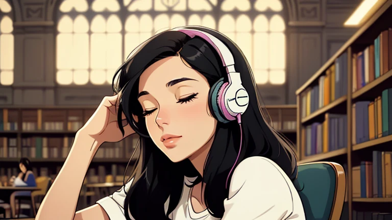 Beautiful woman in her 30s with black hair is sitting with headphones in library. Looking down, eyes closed, LOFI girl, relaxing mood, cozy, only five fingers, Paris city, colorful, Well-proportioned face, female Beautiful fingers, summer, night