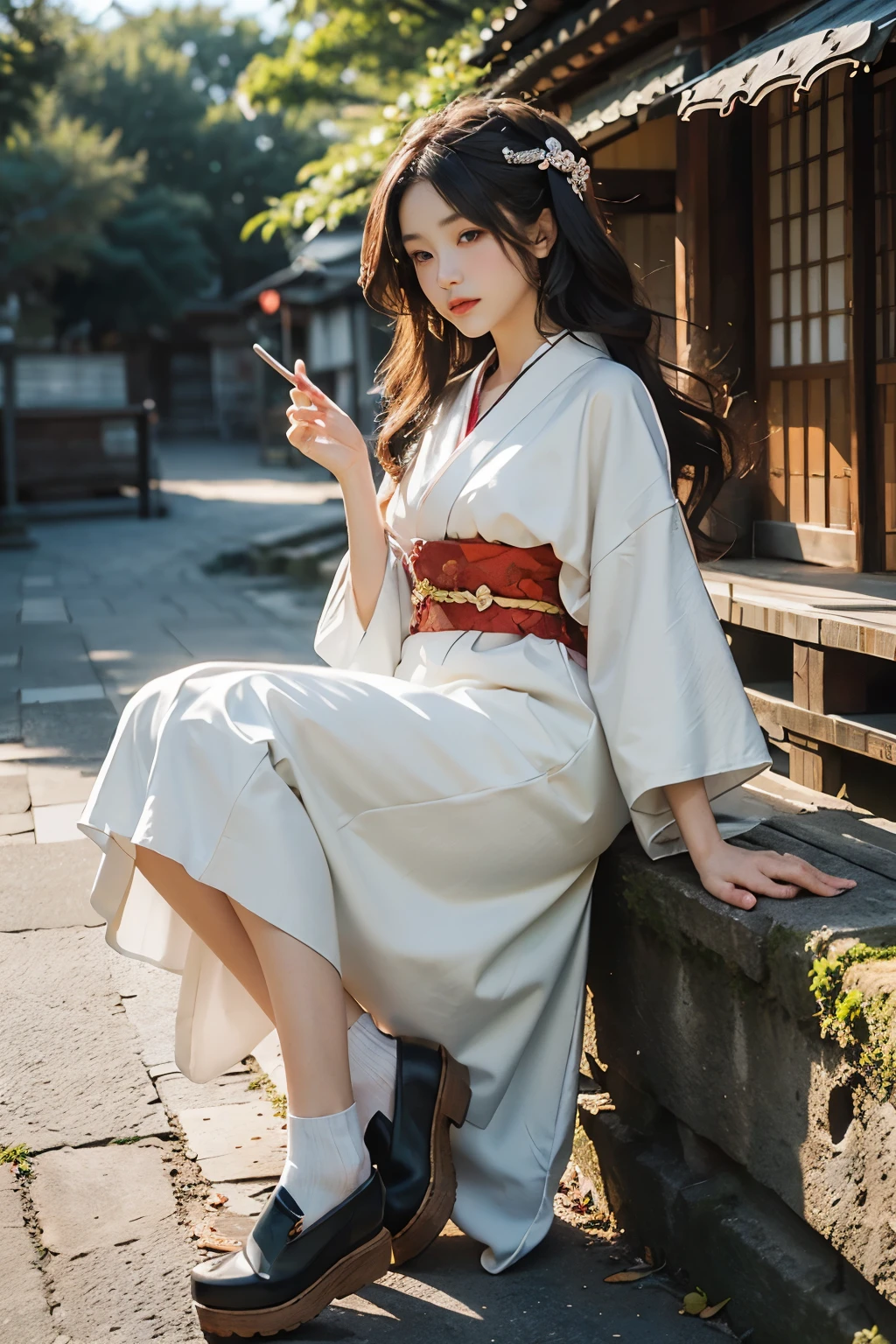 meticulous portrayal of face，1 noblewoman，(Hairpins)，(Camellia kimono)，(Long flowing colored hair)，Simple and elegant Japanese clothing，Collar，(black sock+，clogs)， s the perfect face， perfect hand， Perfect Finger， Perfect lips， perfect  eyes，Extremely normal body，Ancient Japanese town background，Perfect background,