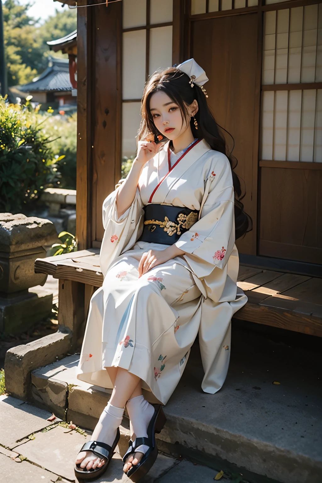 meticulous portrayal of face,1 noblewoman,(Hairpins),(Camellia kimono),(Long flowing colored hair),Simple and elegant Japanese clothing,Collar,(black sock+,clogs), s the perfect face, perfect hand, Perfect Finger, Perfect lips, perfect eyes,Extremely normal body,Ancient Japanese town background,Perfect background,