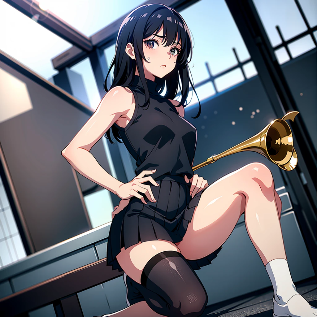 high resolution。High resolution、Low - Angle、masterpiece、Beautiful black-haired girl、、Round eyes、Playing the Trumpet、White sleeveless。miniskirt and knee socks。sweating、high resolution8K