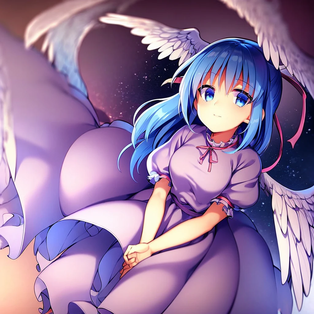 masterpiece, best quality, 1girl, , , , medium blue hair, hair flaps, pink ribbon on head, well-formed face, blue eyes, angel girl, white blouse, puffy short sleeves, red ribbon, angel wings, long white skirt, red shoes, frills, ribbon head