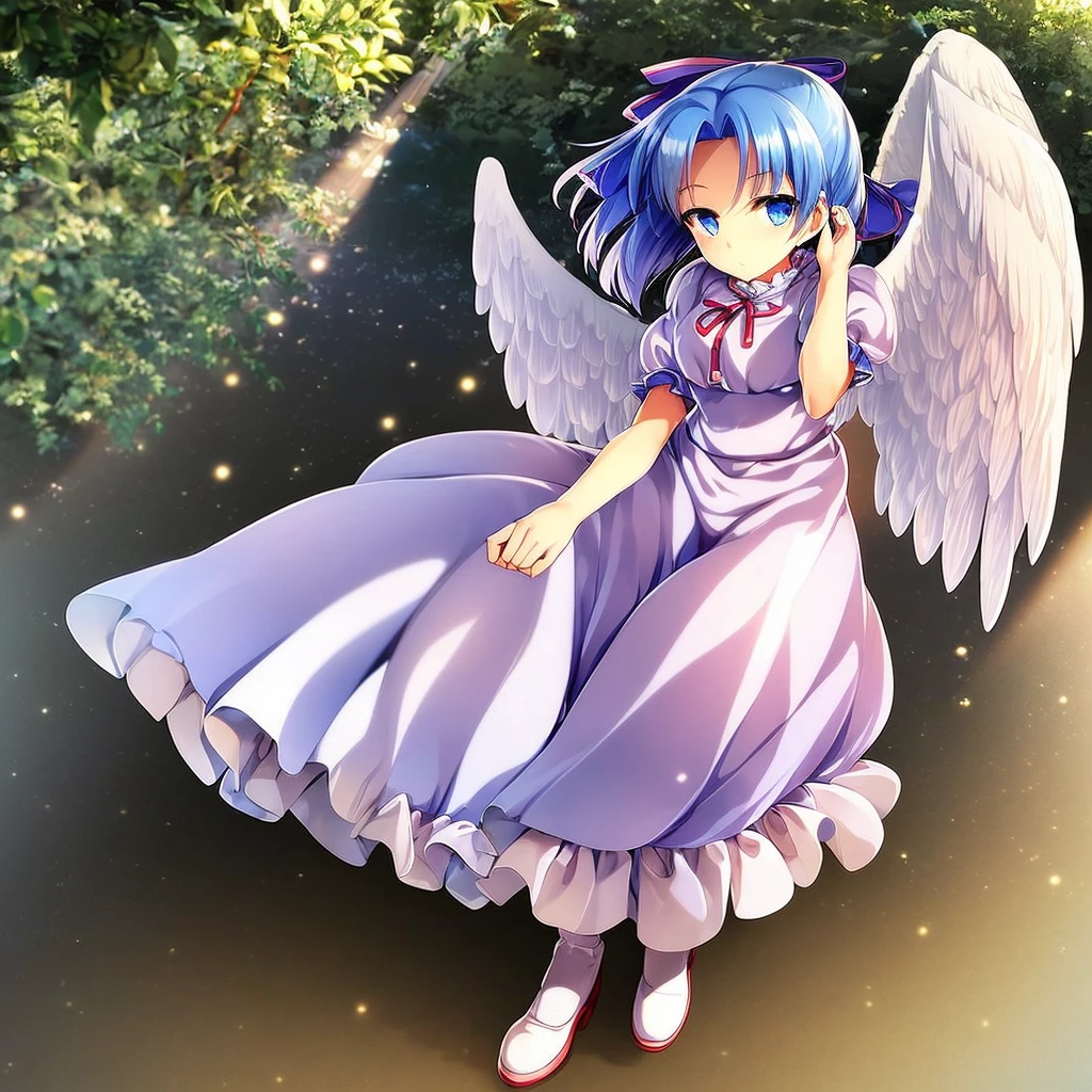 masterpiece, best quality, 1girl, , , 10 years old, medium blue hair, hair flaps, pink ribbon on head, well-formed face, blue eyes, angel girl, white blouse, puffy short sleeves, red ribbon, angel wings, long white skirt, red shoes, frills, ribbon head