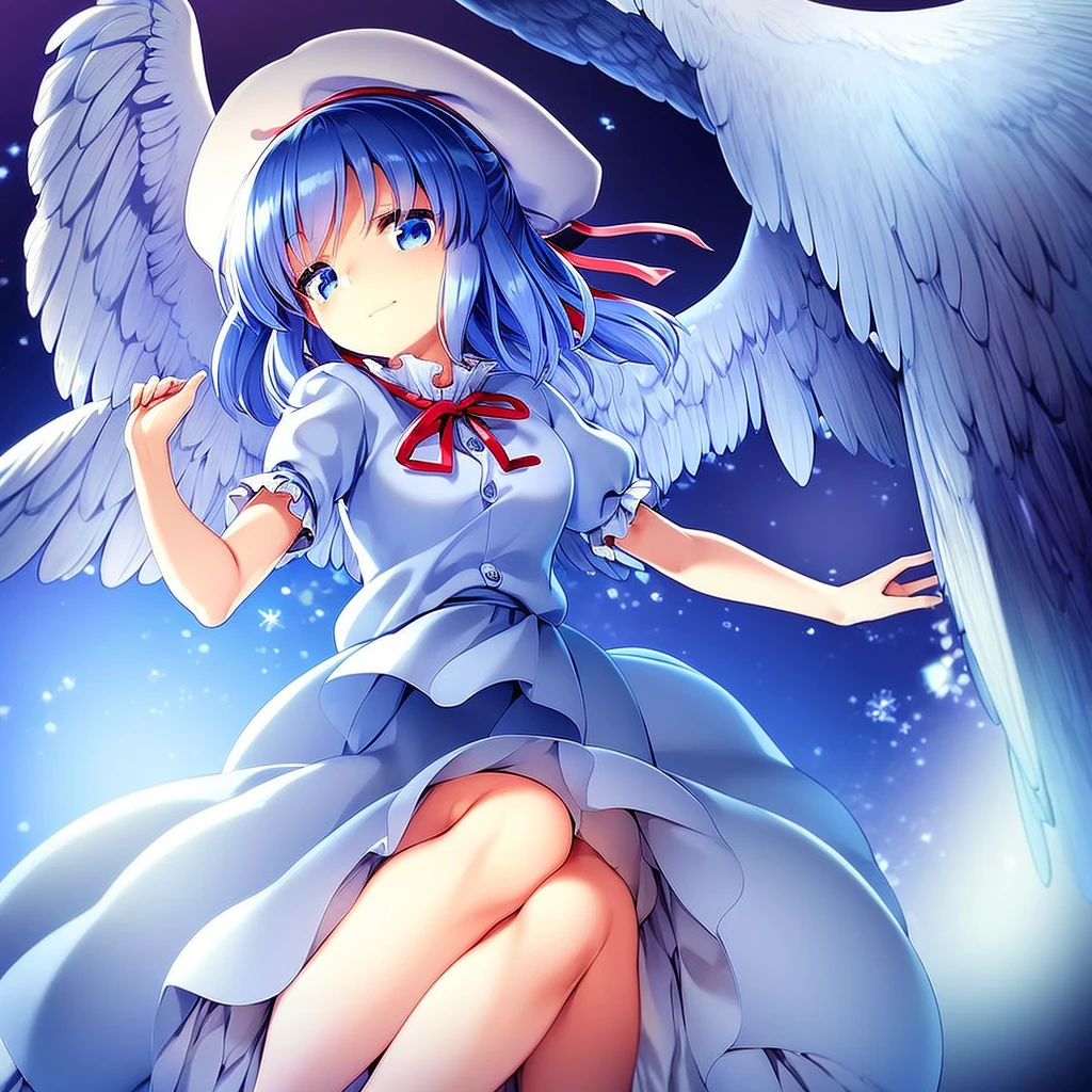 masterpiece, best quality, 1girl, , , , medium blue hair, hair flaps, pink ribbon on head, well-formed face, blue eyes, angel girl, white blouse, puffy short sleeves, red ribbon, angel wings, long white skirt, red shoes, frills, ribbon head