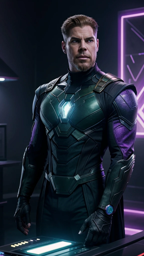Create an intriguing scene featuring a rendition of the movie character Thanos. He should be depicted in black attire, exuding a mysterious aura against a dark and atmospheric background resembling a YouTuber's room. Incorporate elements such as green LED lights or holographic displays with subtle nods to the matrix-like digital aesthetics. The composition should convey a blend of futuristic technology and ominous ambiance, capturing Thanos in a unique and captivating visual style.