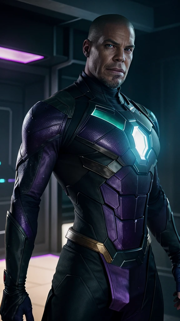Create an intriguing scene featuring a rendition of the movie character Thanos. He should be depicted in black attire, exuding a mysterious aura against a dark and atmospheric background resembling a YouTuber's room. Incorporate elements such as green LED lights or holographic displays with subtle nods to the matrix-like digital aesthetics. The composition should convey a blend of futuristic technology and ominous ambiance, capturing Thanos in a unique and captivating visual style.