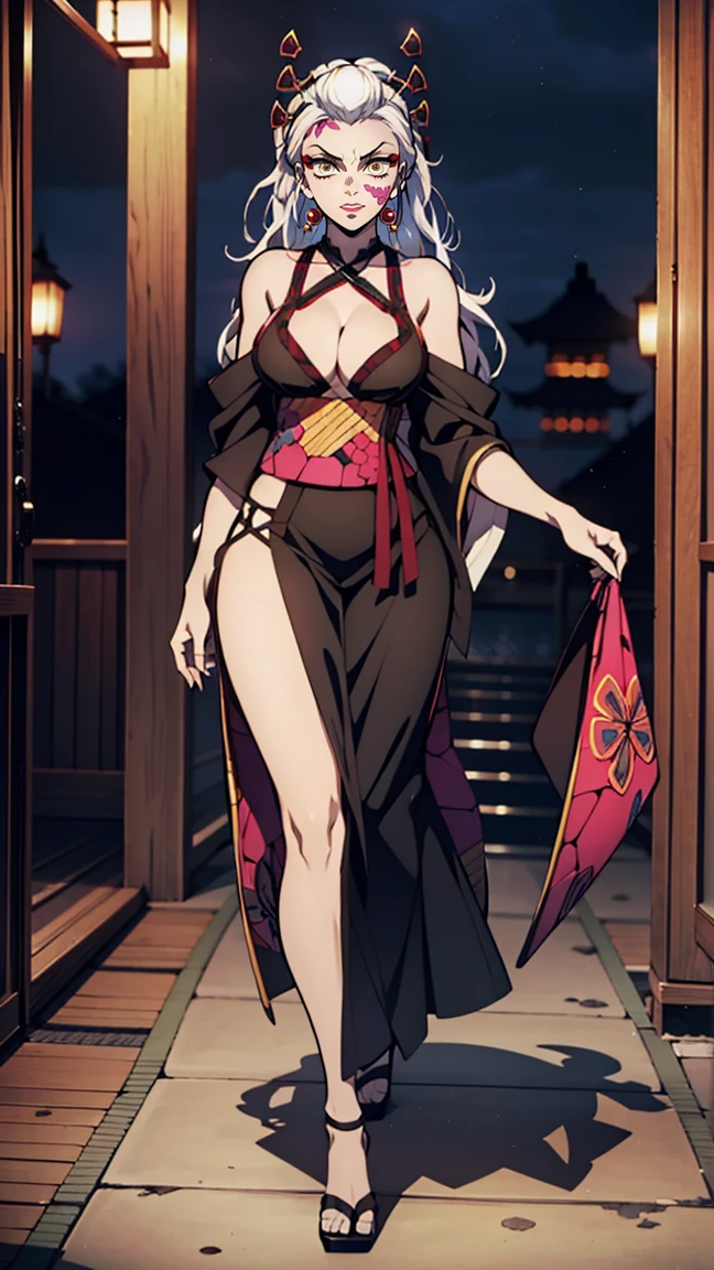 One Demon Girl, looks at the camera, Portrait of a girl, Beautiful waist, night, ancient japan, very sexy, grin, fangs обножены, mouth open, fangs, smile, White hair, erotica, very sexy, beautiful body is completely visible, masterpiece, Best quality, full length (Full body 1.1.), Beautiful waist, good feet, high quality, long hair, White hair. Highly detailed face, depth of field, HDR, very detailed, ray tracing, whole body, dark fantasy, Demon's tattoo, very beautiful, Beautiful ., 1 girl, solo, I look at the viewer, black hair, hair ornament, jewelry, closed mouth, green eyes, yellow eyes, japanese clothes, kimono, draw up, pomade, slit pupils, Brilliant eyes, wicked, Red lips, hair stick