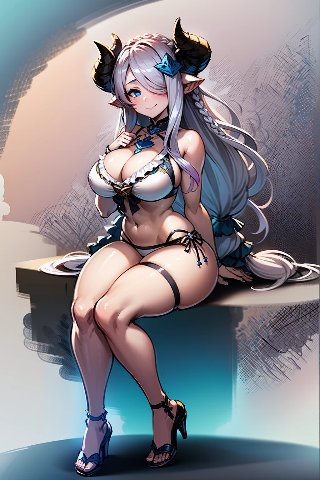 (((1 woman))), ((detailed blue eyes)), ((long silver hair)), large breasts, curvy hips, perfectly drawn body, seductive smile, narmaya, wearing white bikini, adorned with blue roses, best quality, masterpiece, ultra-detailed