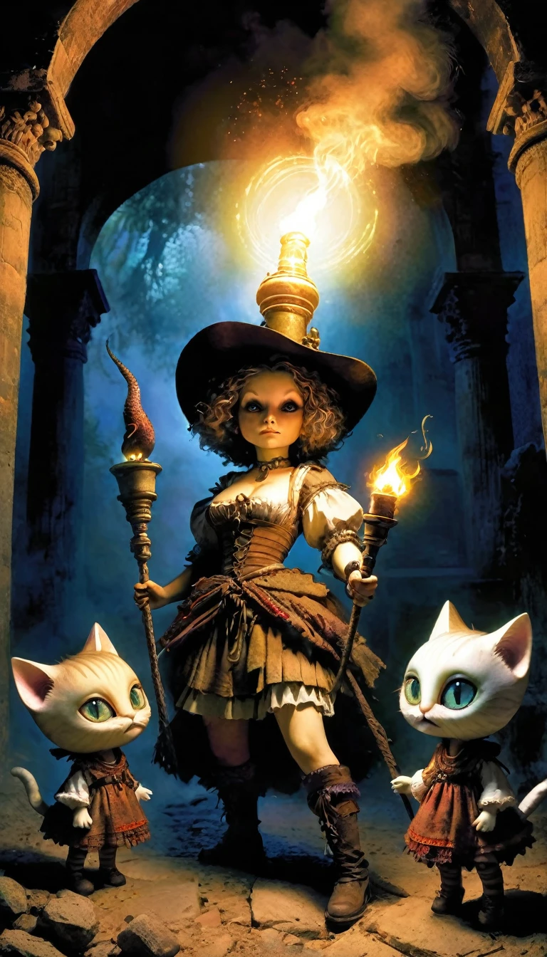 Horror style at night, ancient ruins at night, (the dark:1.4),(Rembrandt Lighting:1.4),light particles, (lens flare:1.4), colorful, 3 women,unattended, multiple dolls walking around, Very small dolls,creepy, dolls with big eyes,eyeballs,Holding a sacred magical torch, Intruders are coming, alert, nervous, cleavage, shoulders, sideboob,medium breasts,thighs, The wind is blowing strongly,The forbidden ritual began, (from above:1.2), cowboy shot, close up, Close-up of the upper body, dynamic angle, dynamic pose, Artistic masterpieces that will go down in history, great backgrounds, memorable scenes, great angles,Fantastic scene, The beginning of the ritual, flames and magic, a fantastic sight,(magic worm-cat:1.2) Watercolor:1.3, Muted Tone, Delicate, Detail, Masterpiece,(colorful),(art inspired in Bill Sienkiewicz). oil painting)