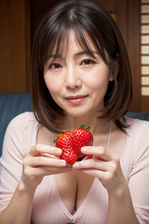 beautiful 38Year woman High resolution beautiful sexy (Eating strawberries) (whole body) Malaise 40Year Adult nature front Japanese wife Facial wrinkles